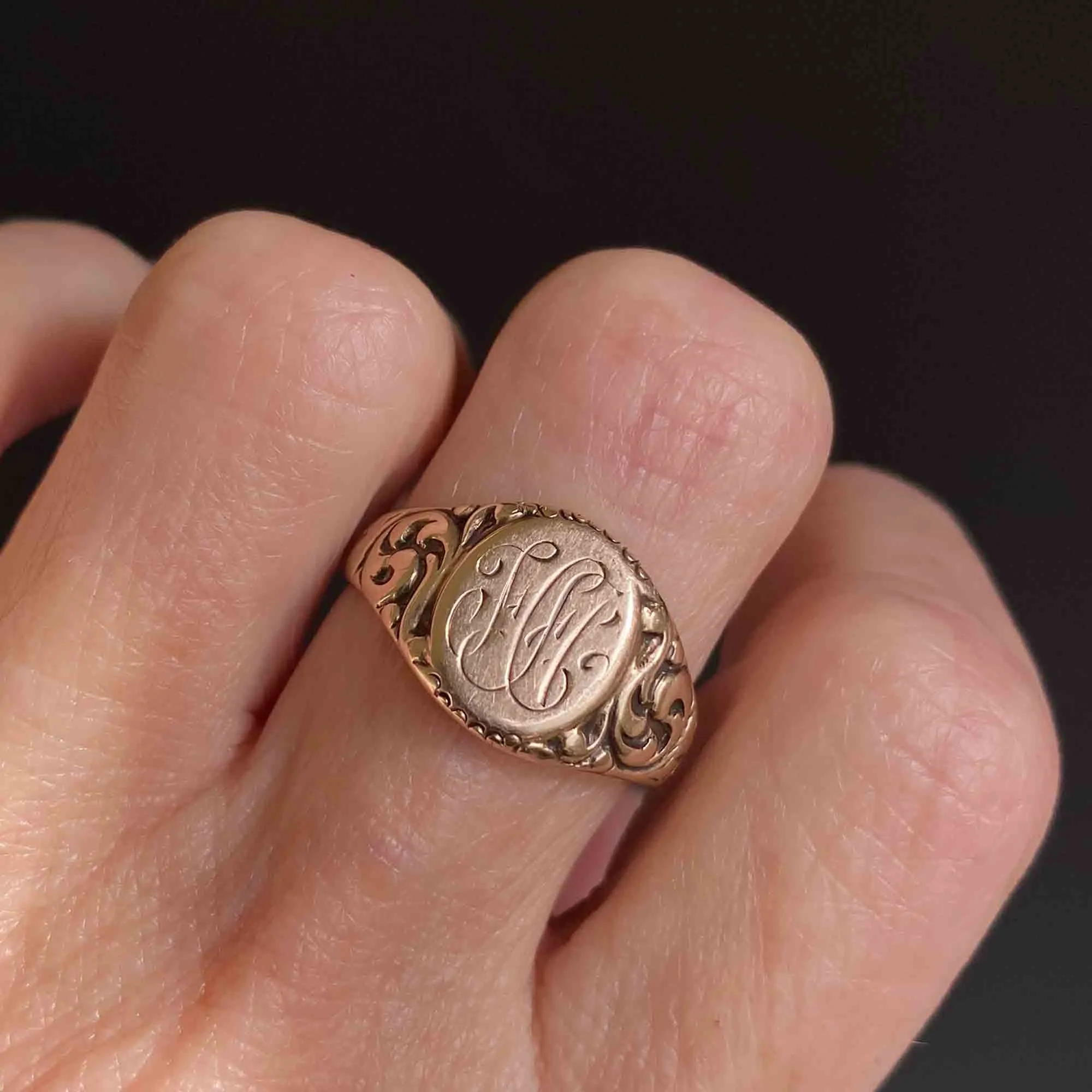 Art Nouveau Engraved Gold Signet Ring, Sz 9