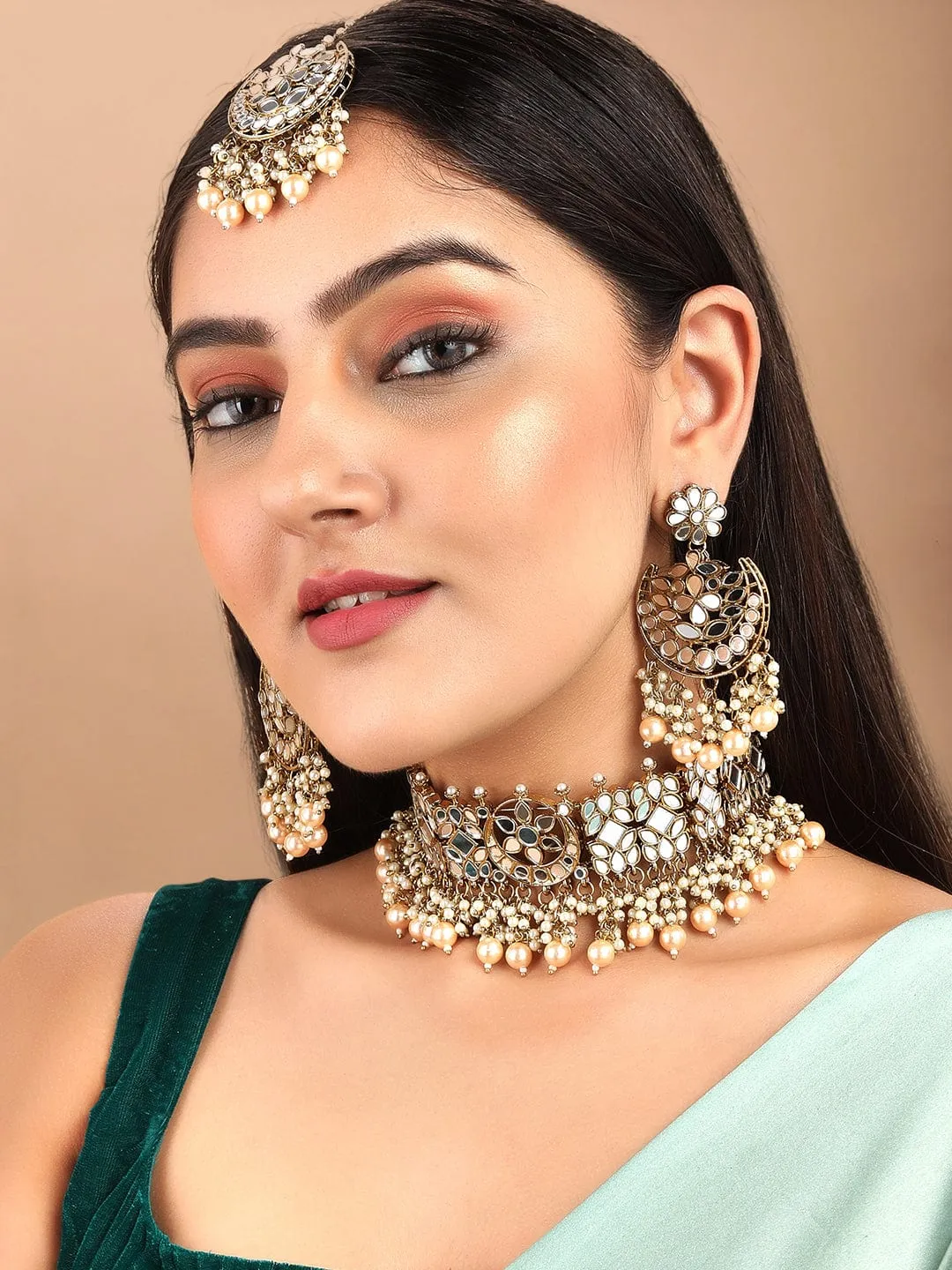 As Seen On - Rubans Gold Plated Handcrafted White Pearls With Mirror Choker Set.