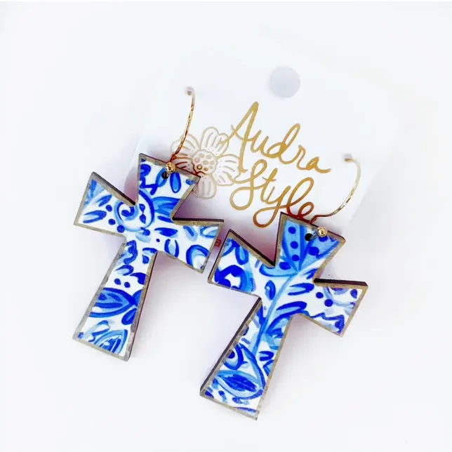 Audra Style Cross Dangle Earrings in Blue & White