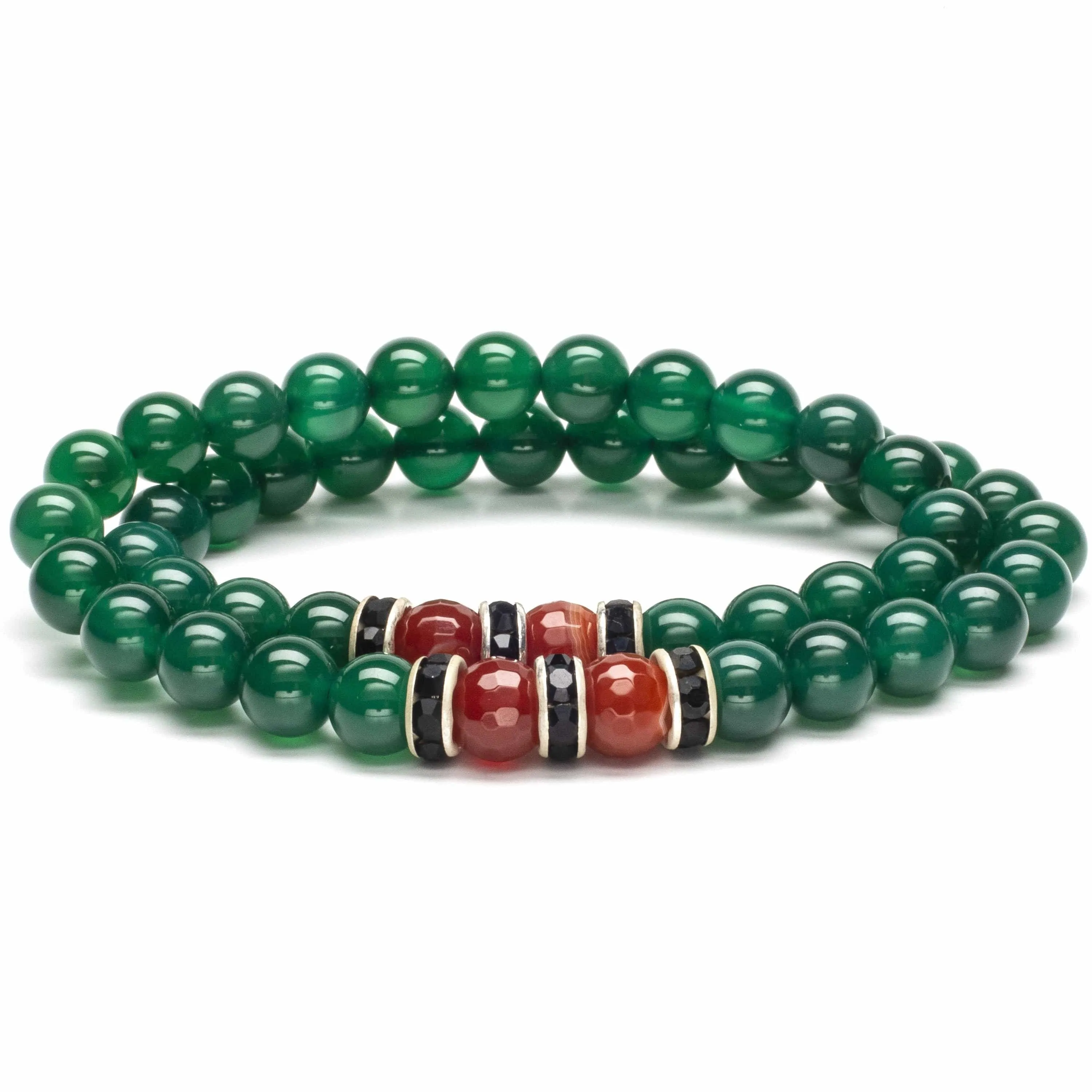 Aventurine  8mm Beads with Carnellian and Black and Silver Accent Beads Double Wrap Elastic Gemstone Bracelet