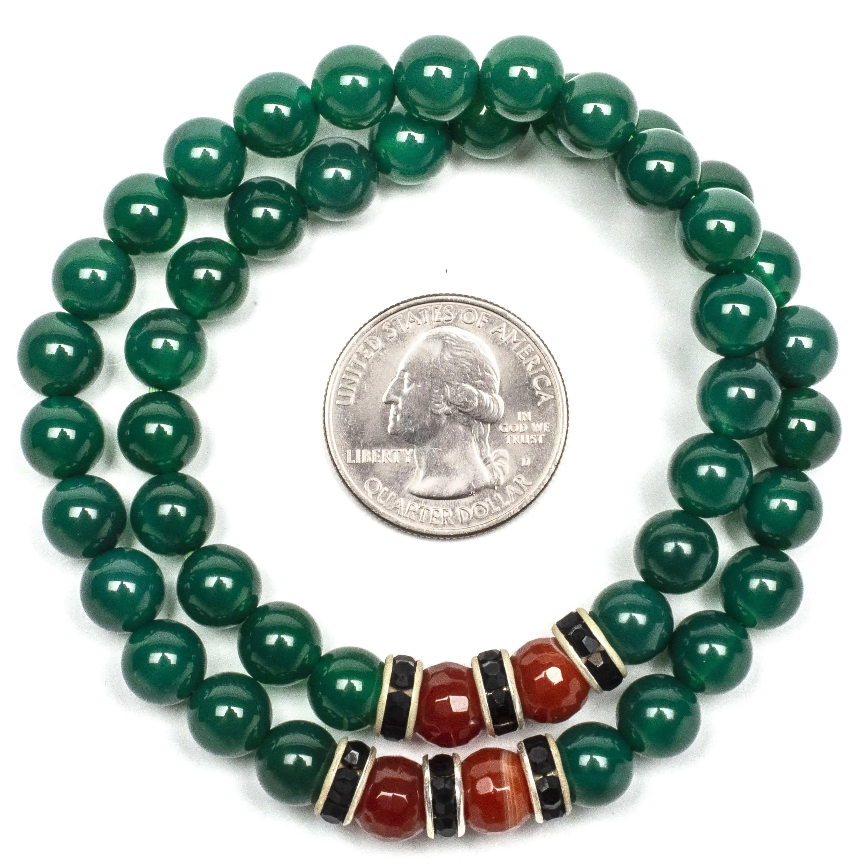 Aventurine  8mm Beads with Carnellian and Black and Silver Accent Beads Double Wrap Elastic Gemstone Bracelet