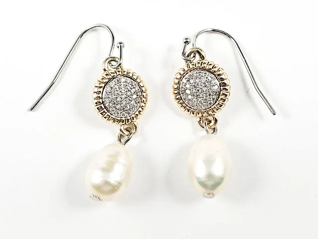 Beautiful Round Pave With Gold Tone Frame & Pearl Dangle Fish Hook Brass Earrings