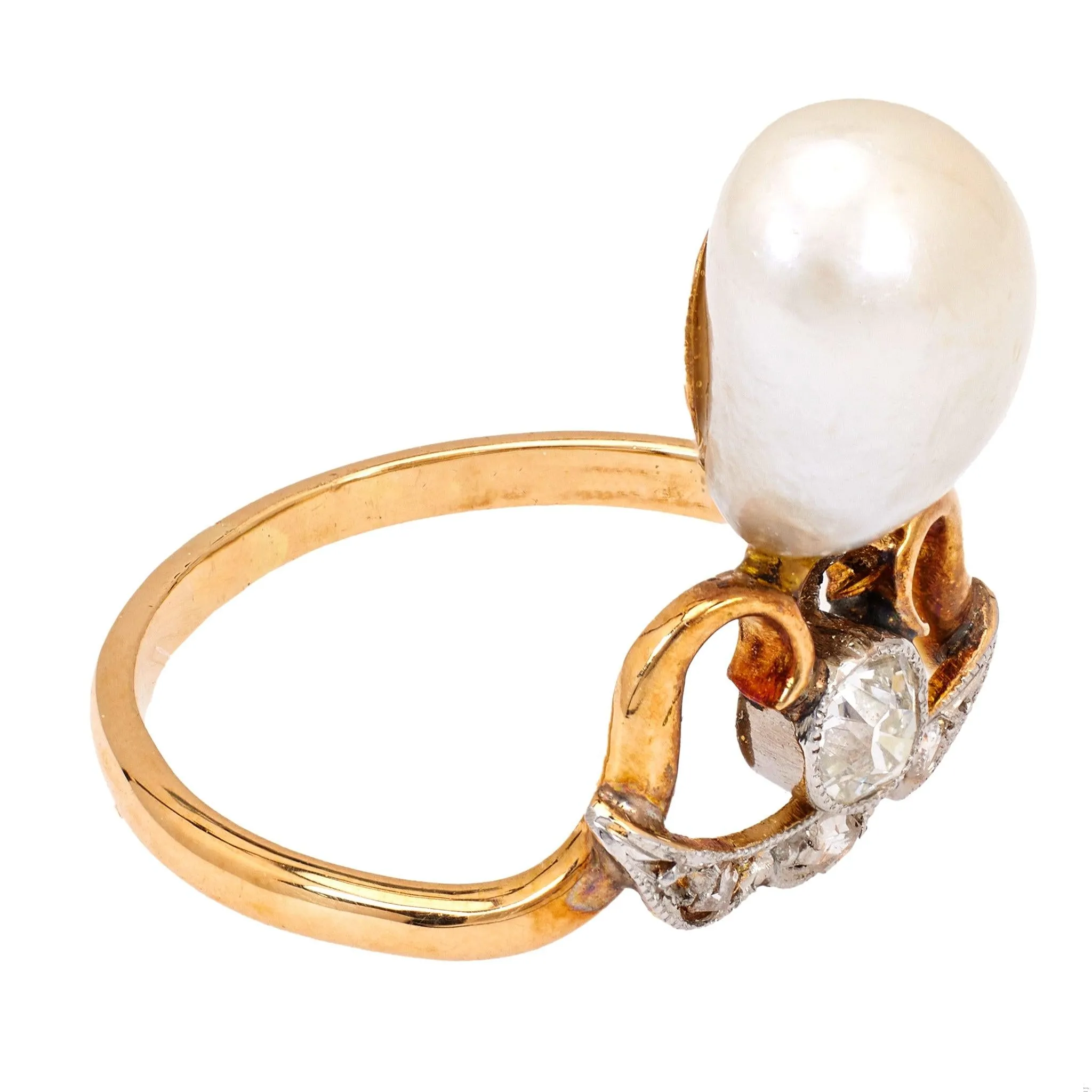 Belle Époque French Pearl and Diamond 18k Yellow Gold Platinum Tiara Ring