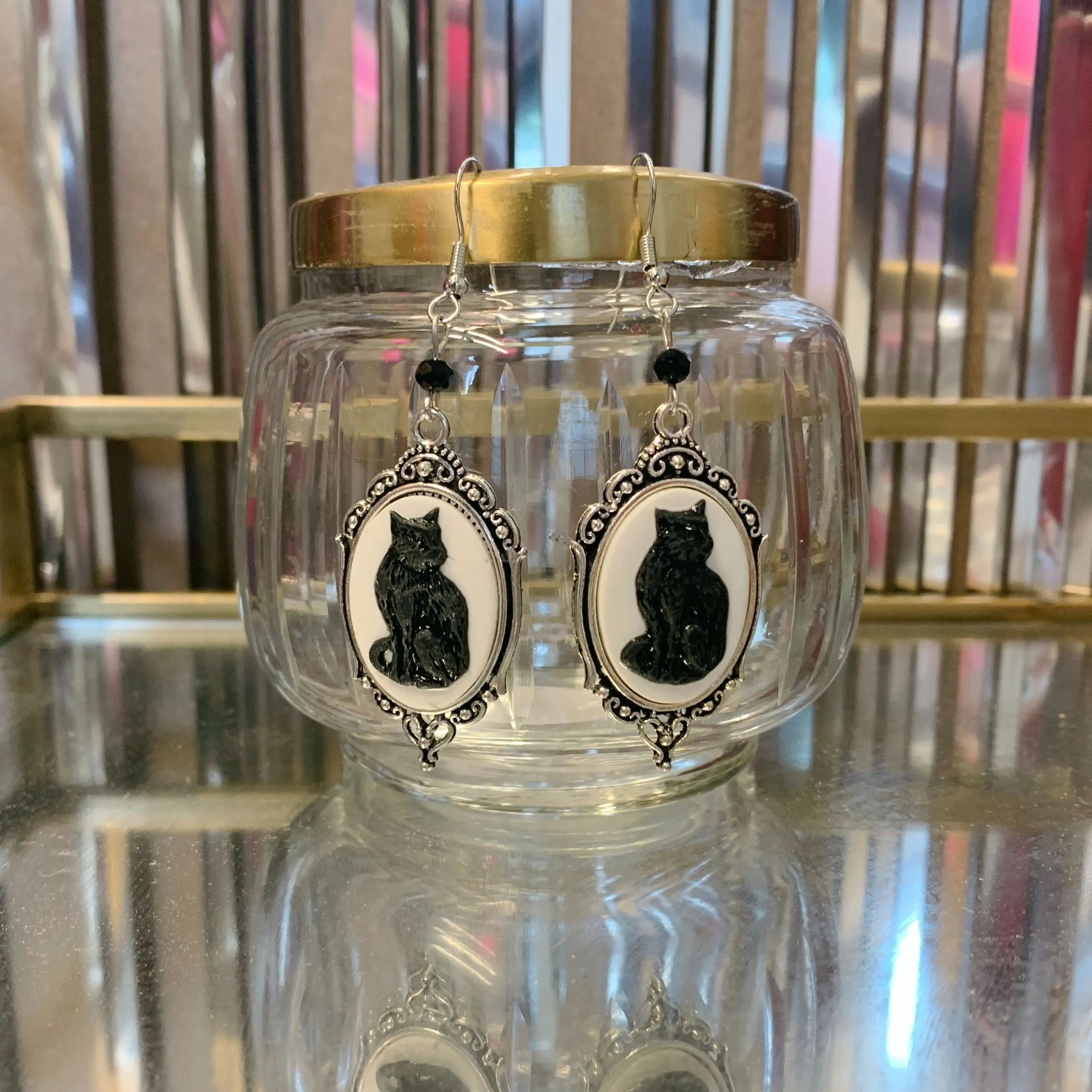 Black Cat Gothic Cameo Earrings