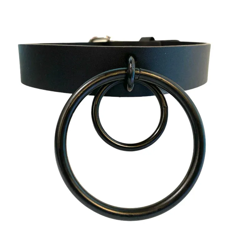 Black Leather Collar w/ Large Black Double Ring