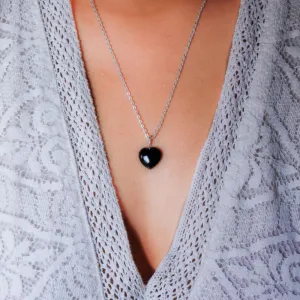 Black Obsidia Stone Pendant with Silver Chain