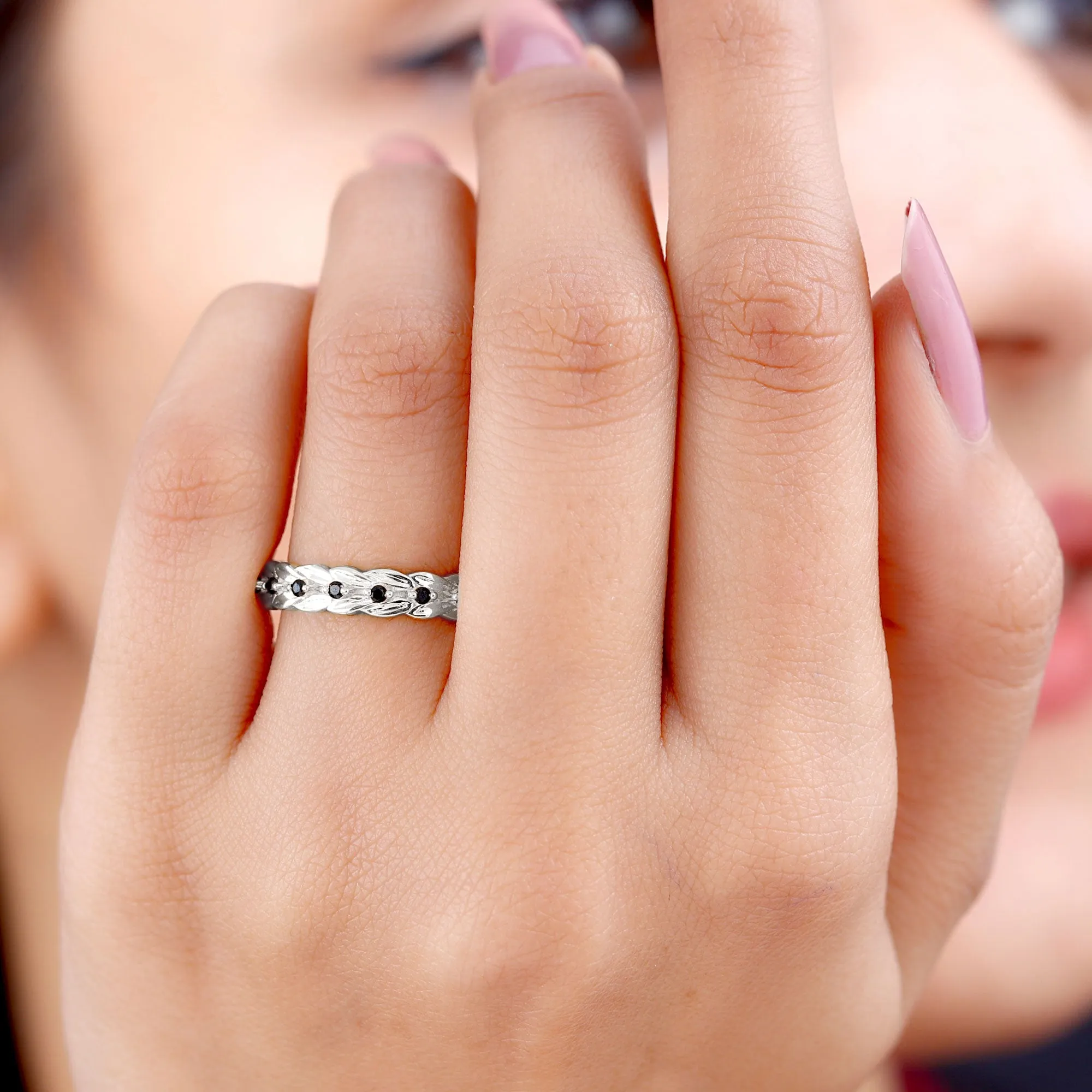 Black Onyx Leaf Eternity Band Ring