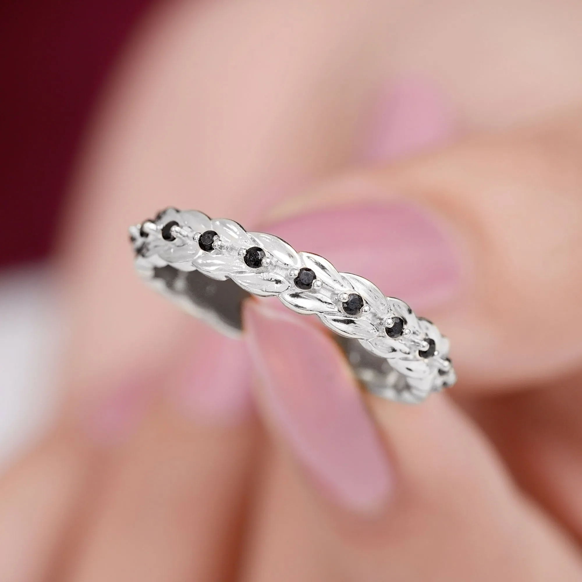 Black Onyx Leaf Eternity Band Ring