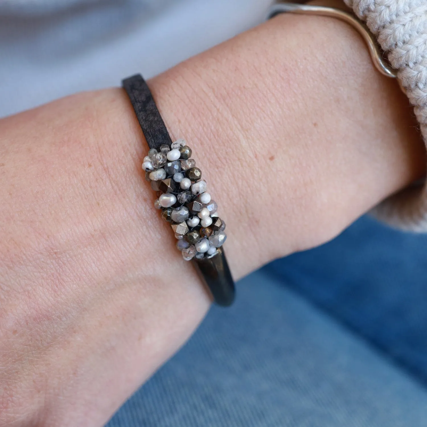 Black Stone Mix 1/2 Cuff Bracelet