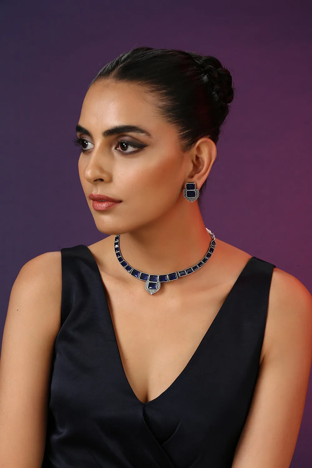 Blue Silver Tone Choker Set