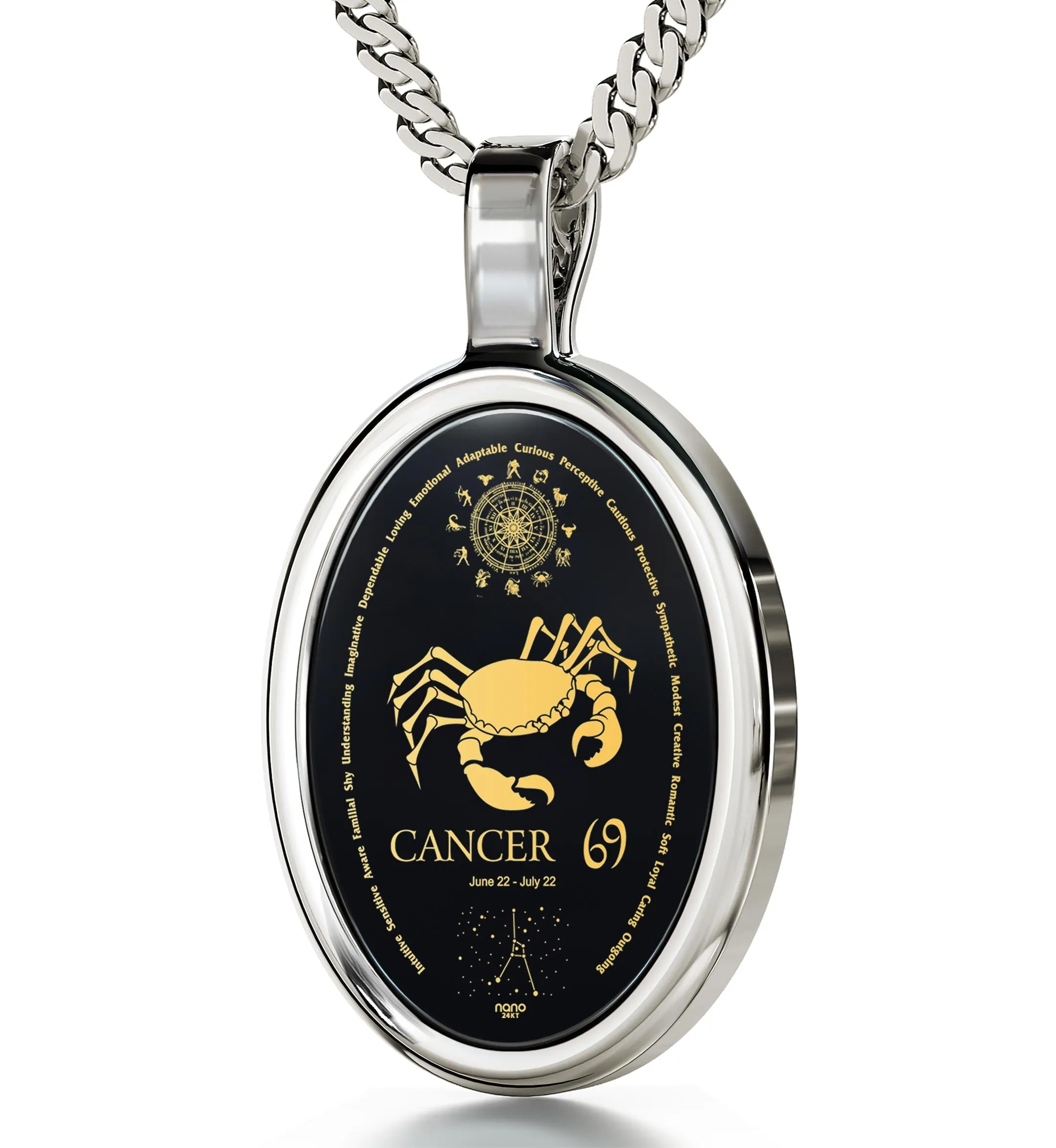 Cancer Necklace Zodiac Pendant 24k Gold Inscribed on Onyx Stone