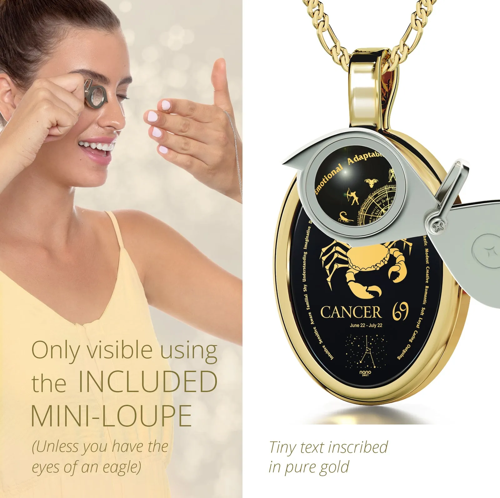 Cancer Necklace Zodiac Pendant 24k Gold Inscribed on Onyx Stone