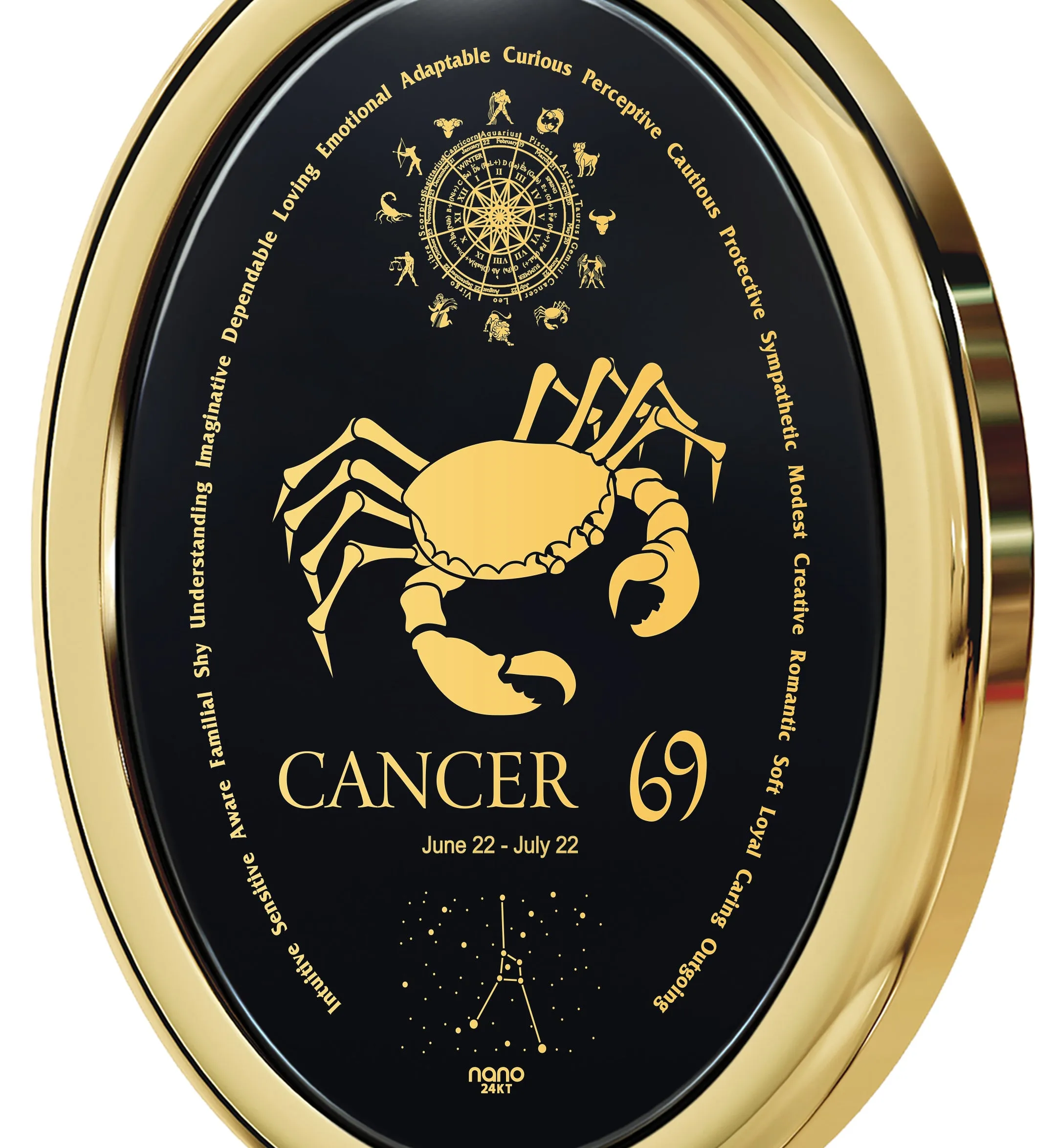 Cancer Necklace Zodiac Pendant 24k Gold Inscribed on Onyx Stone