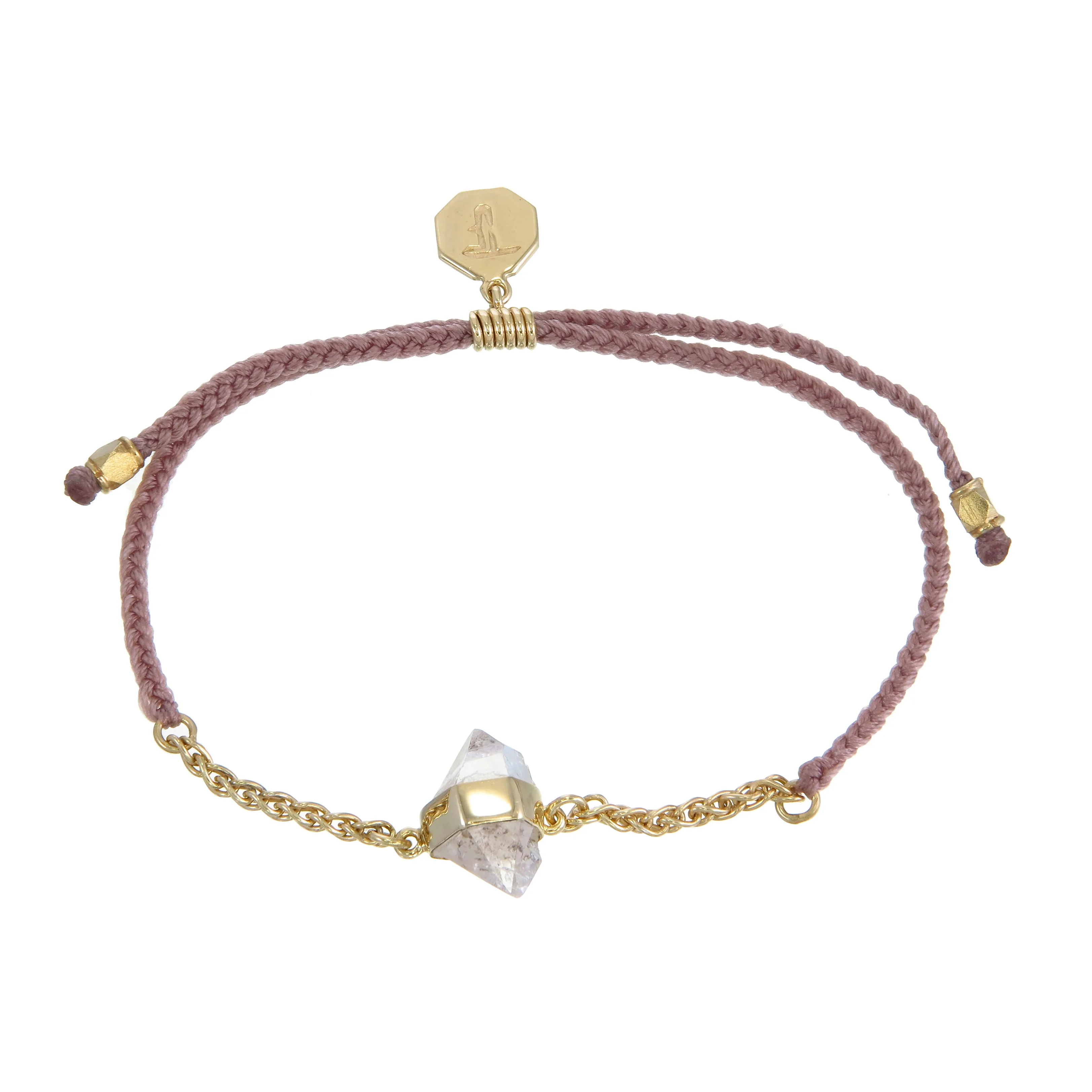 CHAIN & CORD CRYSTAL BRACELET - DIAMOND QUARTZ- DUSTY PINK - GOLD