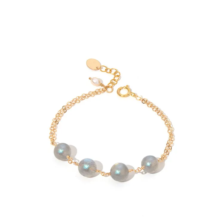 Chic Womens 14K Gold Plated Bracelet Grey Moonstone Bracelet