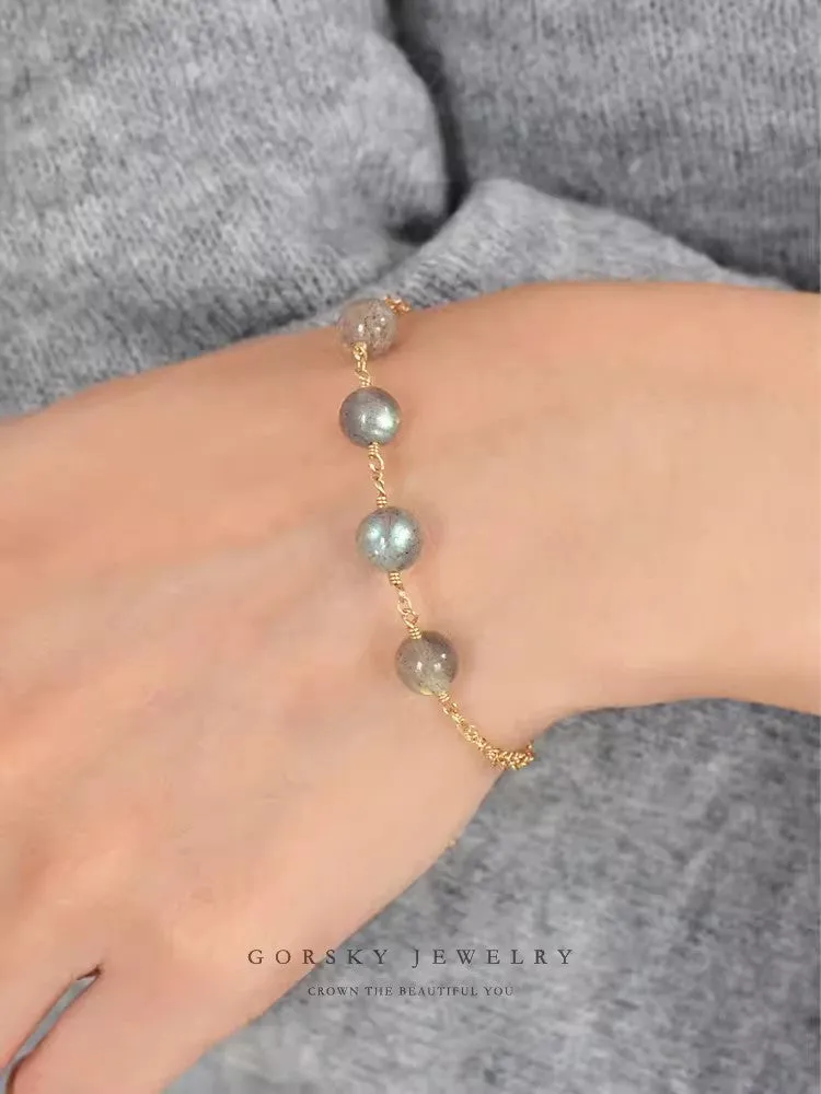 Chic Womens 14K Gold Plated Bracelet Grey Moonstone Bracelet