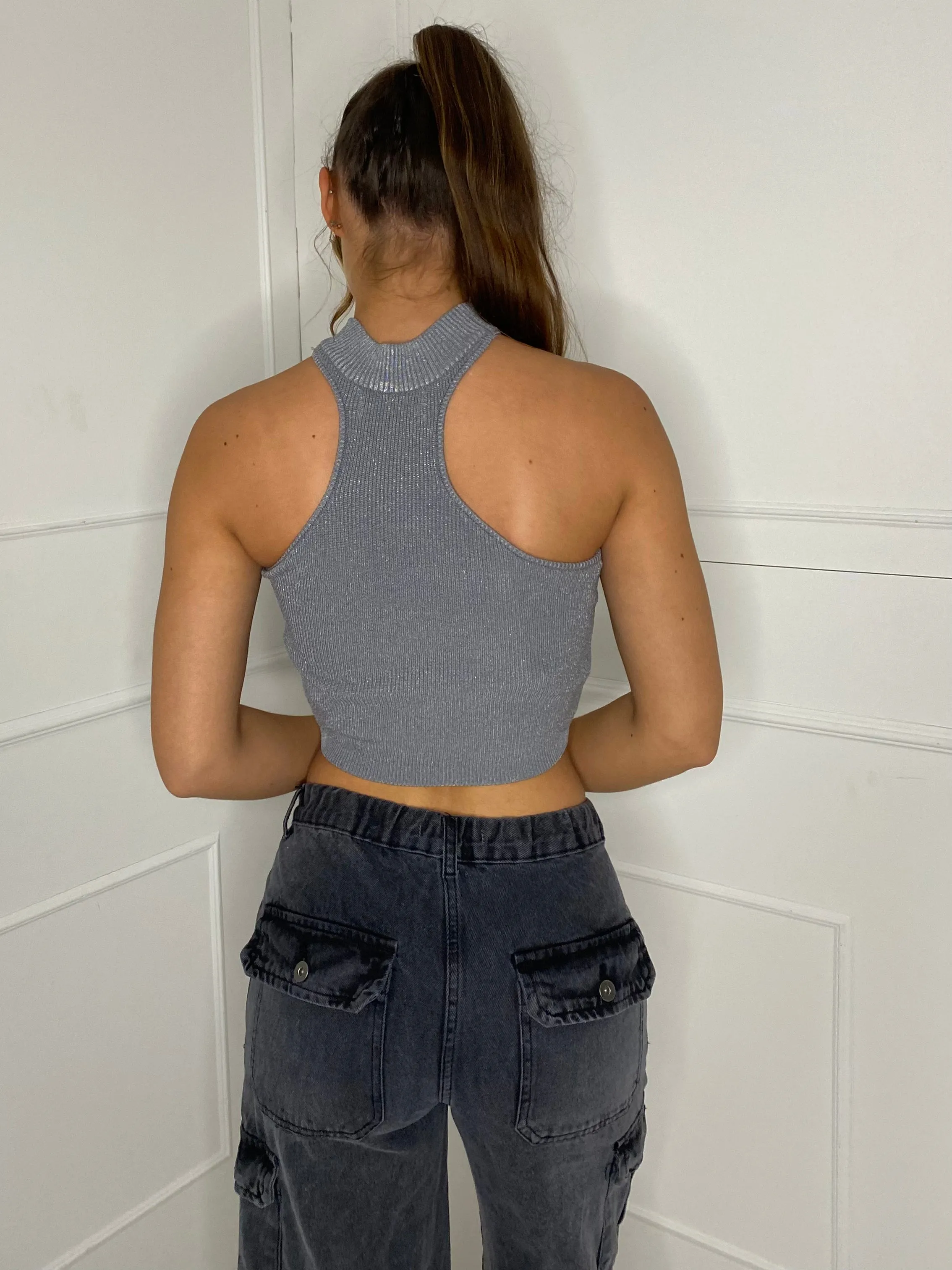 Choker Detail Knitted Crop Top - Grey