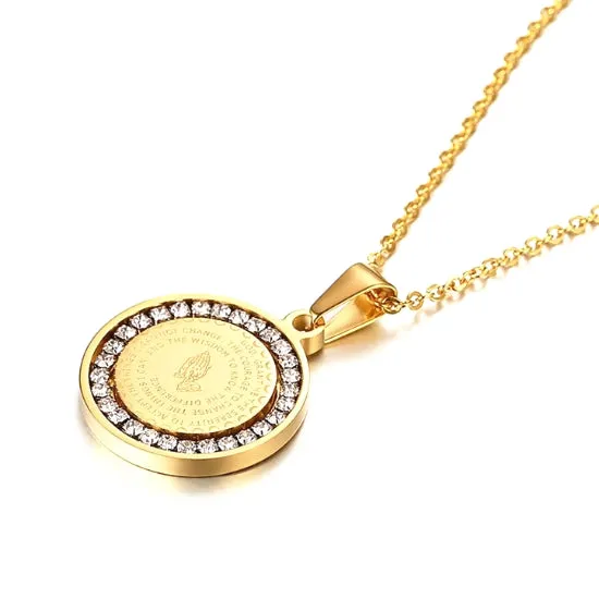 Classy Men Gold CZ Serenity Prayer Pendant Necklace