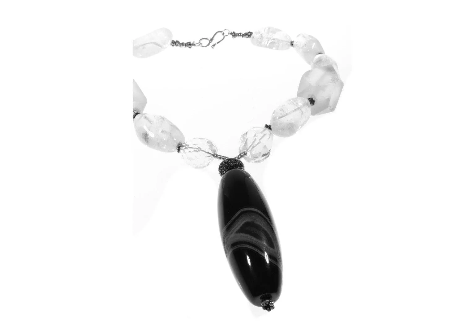 Clear beaded  crystal necklace with black onyx pendant