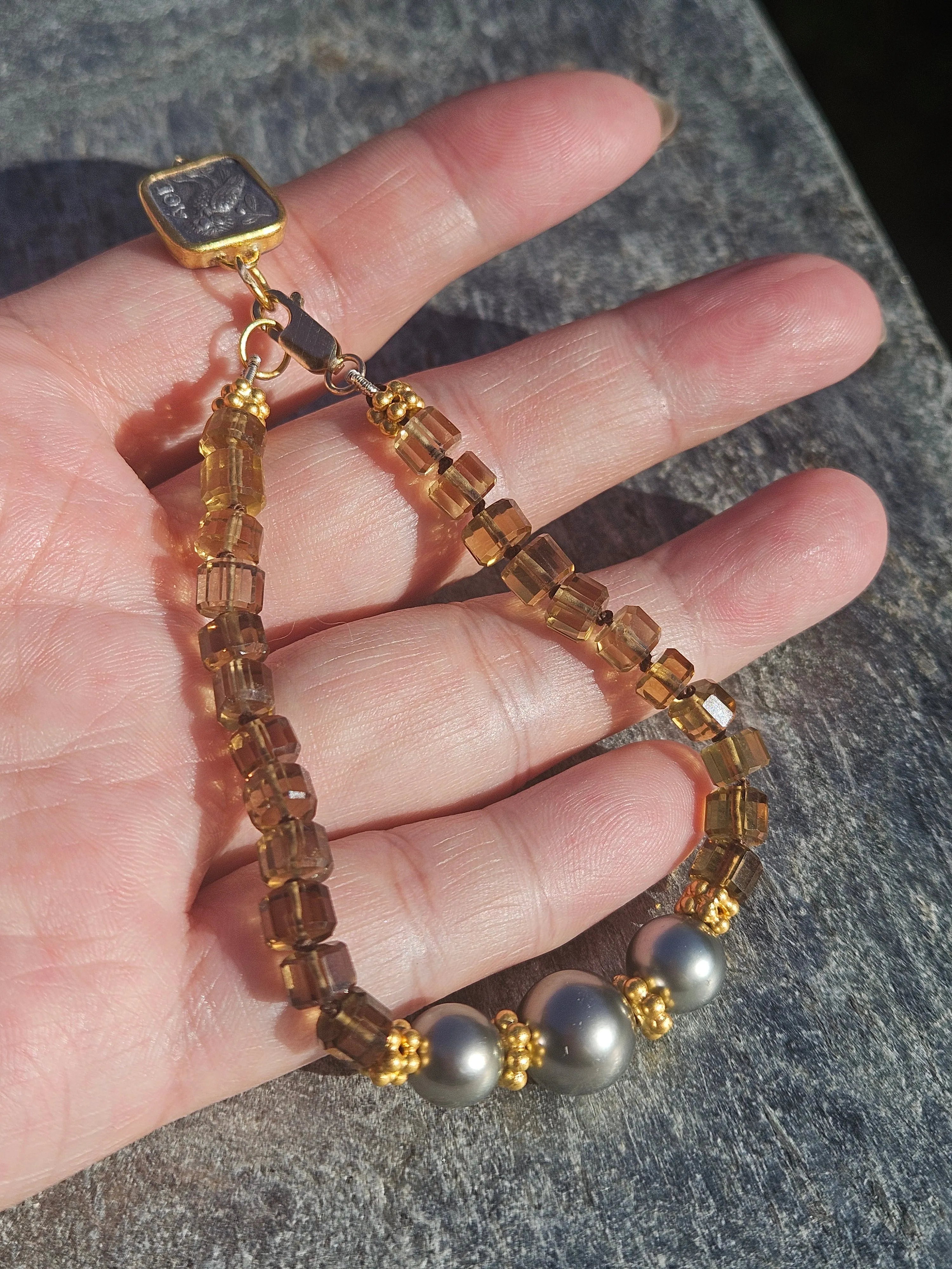 Cognac Quartz Gemstone and Tahitian Pearl 18K Gold Bracelet