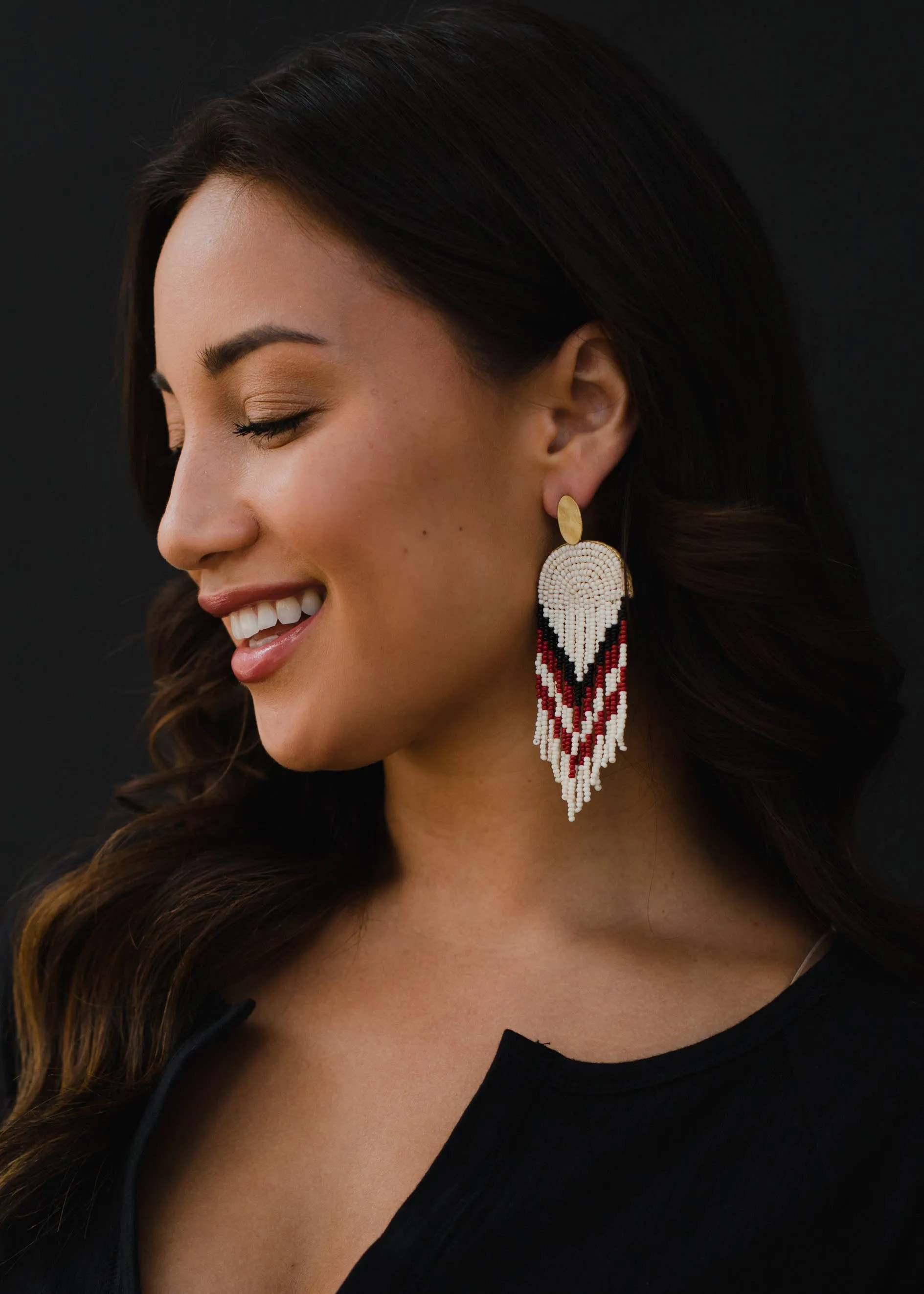 Cream, Black & Red Beaded Earrings