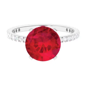 Created Ruby Solitaire Ring with Diamond Side Stones