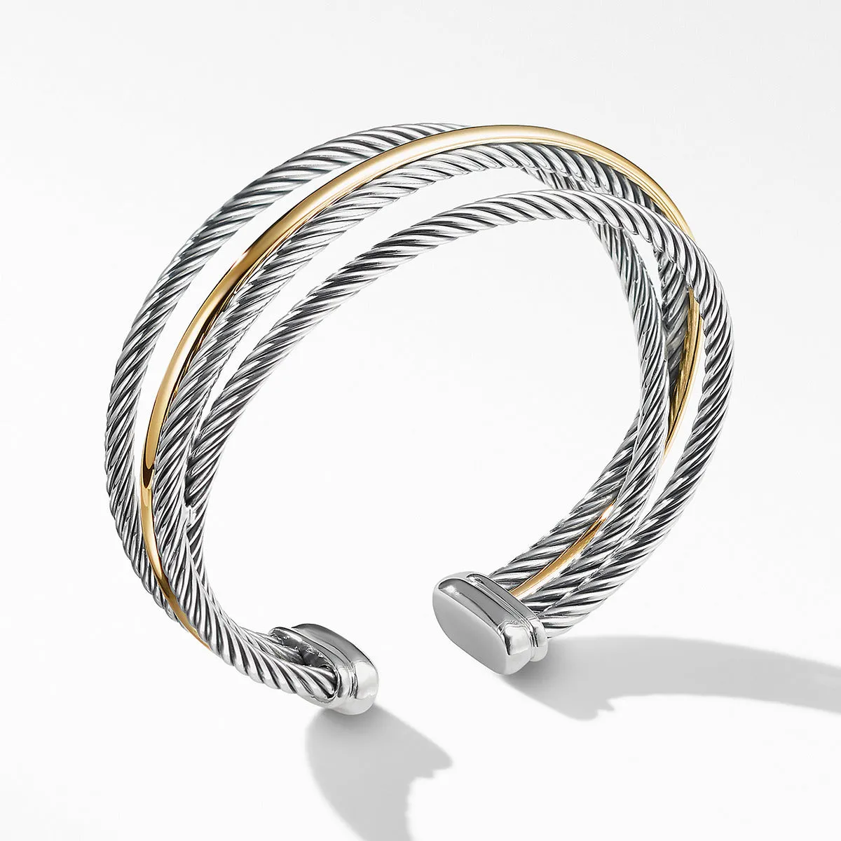 Crossover Three Row Cuff Bracelet in Sterling Silver with 18K Yellow Gold