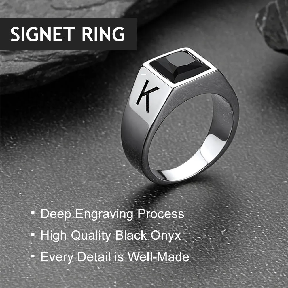 Custom Square Black Gemstone Signet Ring for Men