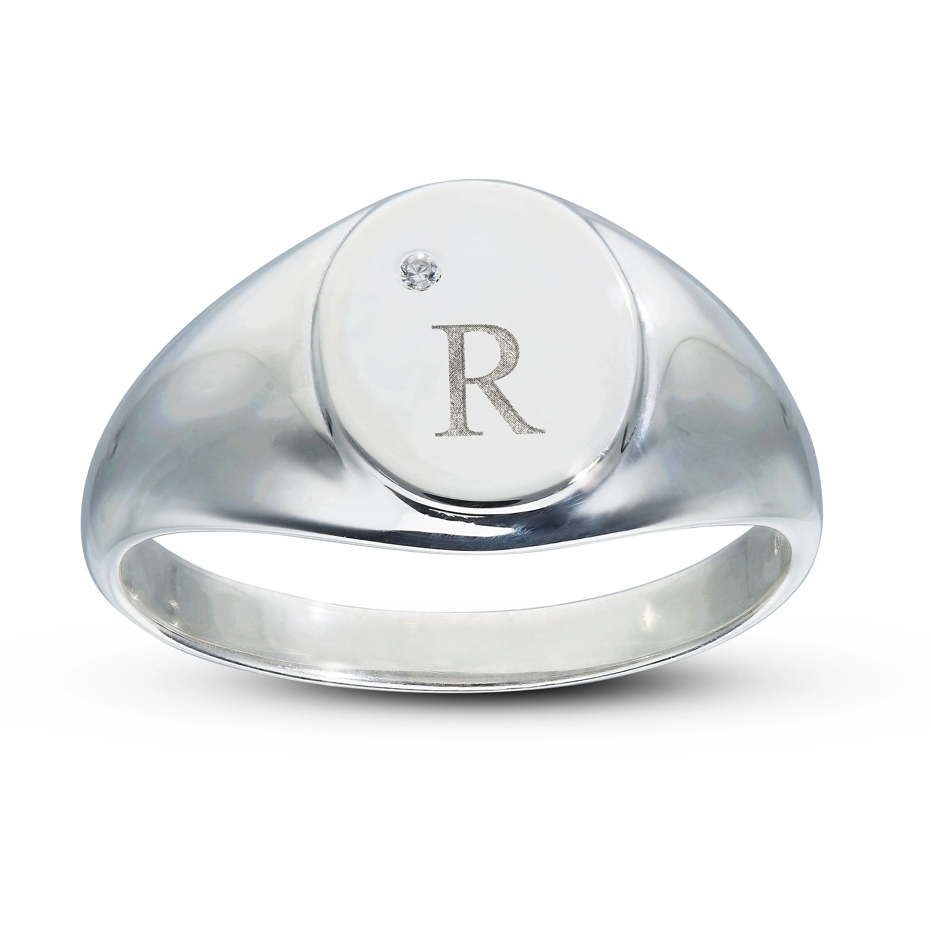 Customised Oval Diamond Signet Ring in Silver for Men