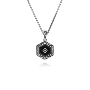 Damen Sterling Silber Schwarz Onyx und Markasit Hexagon 45cm Halskette