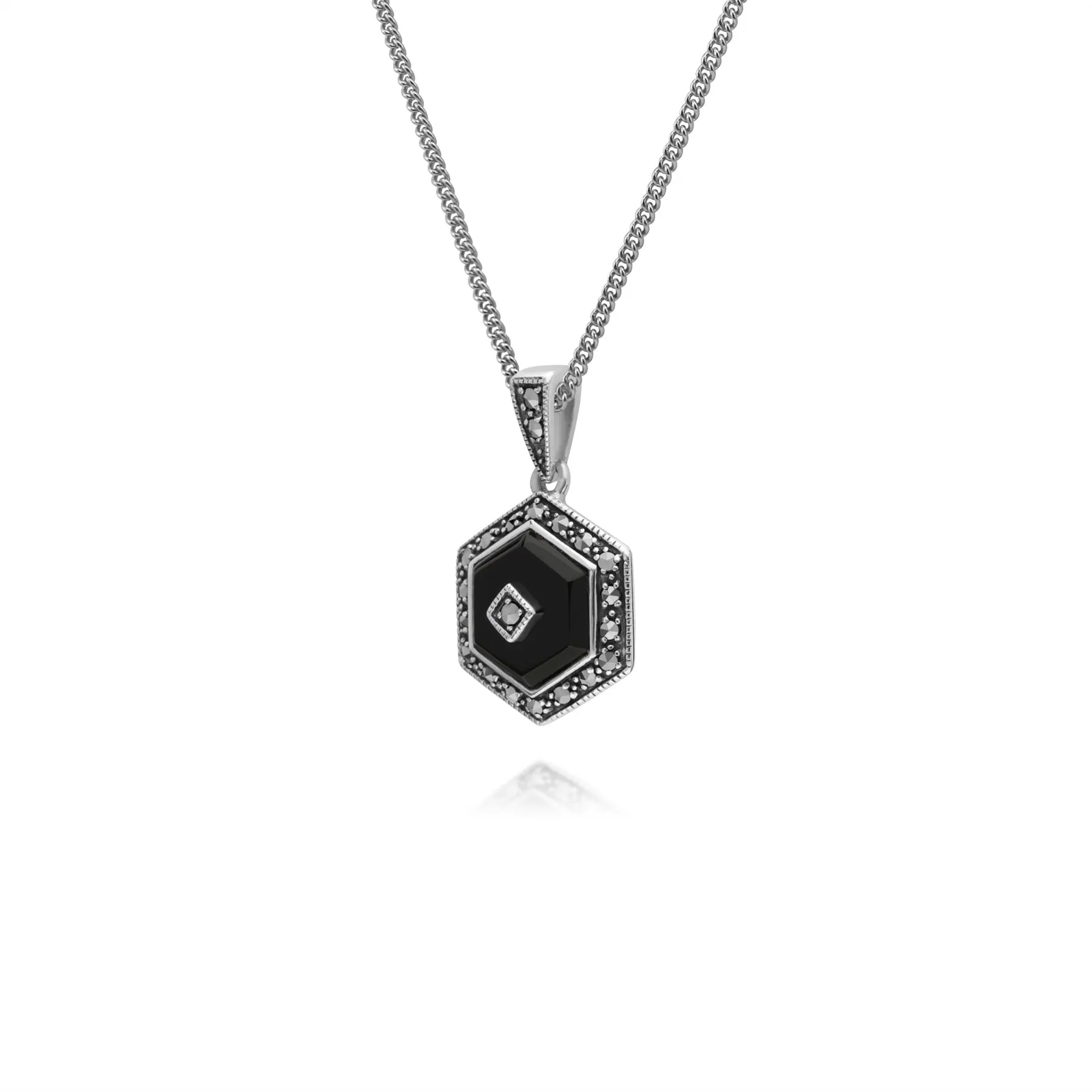 Damen Sterling Silber Schwarz Onyx und Markasit Hexagon 45cm Halskette