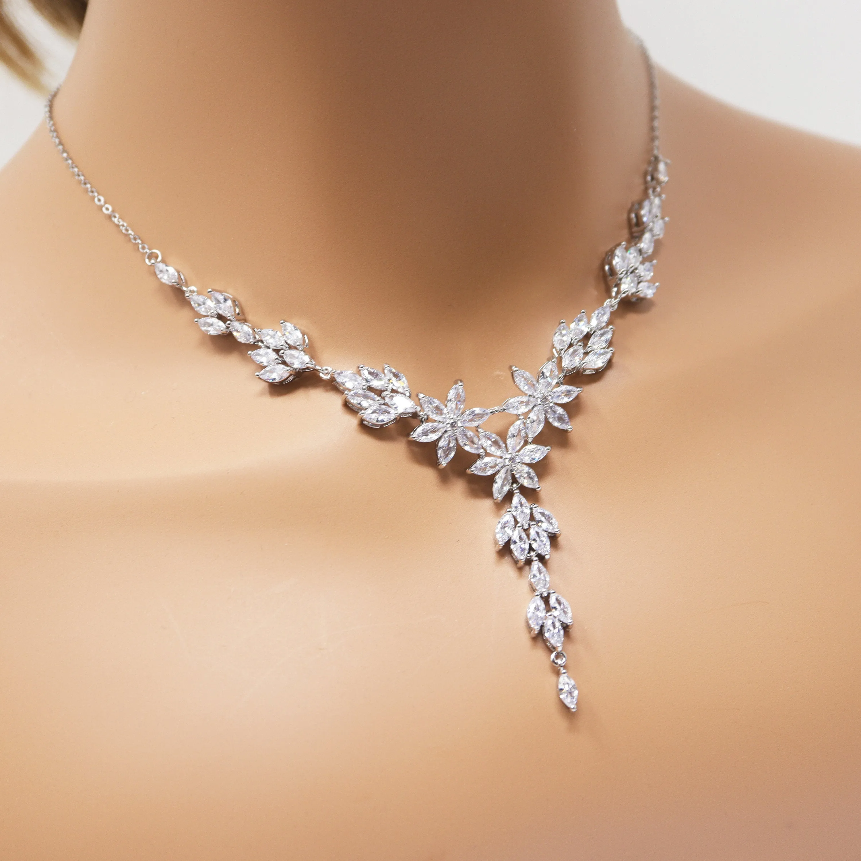 Delicate Flower Vine CZ Bridal Jewelry Set, Long Bridal Jewelry, Bridal Earrings And Necklace, Statement Earrings Cz Necklace Set.