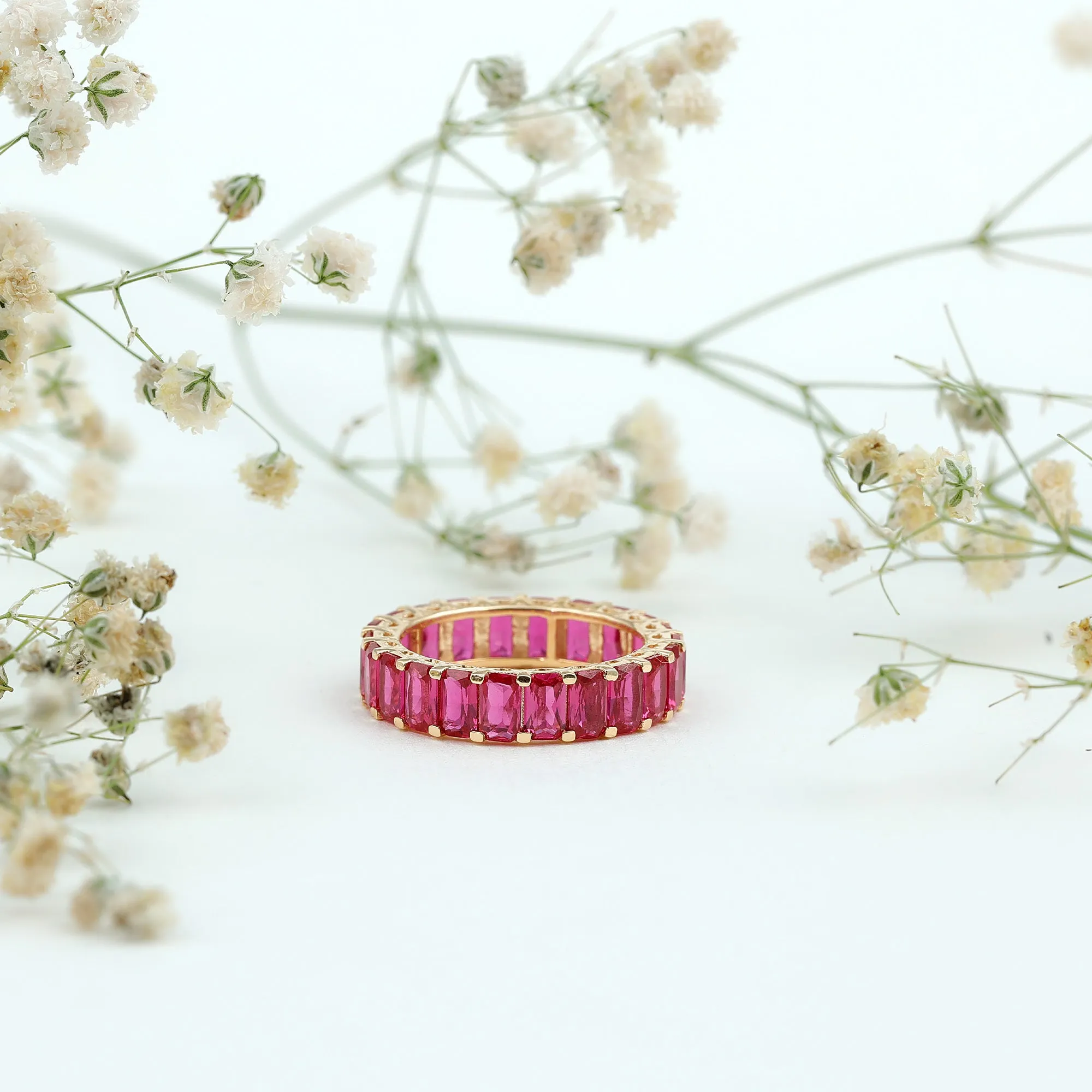 Emerald Cut Lab Grown Ruby Full Eternity Wide Band Ring