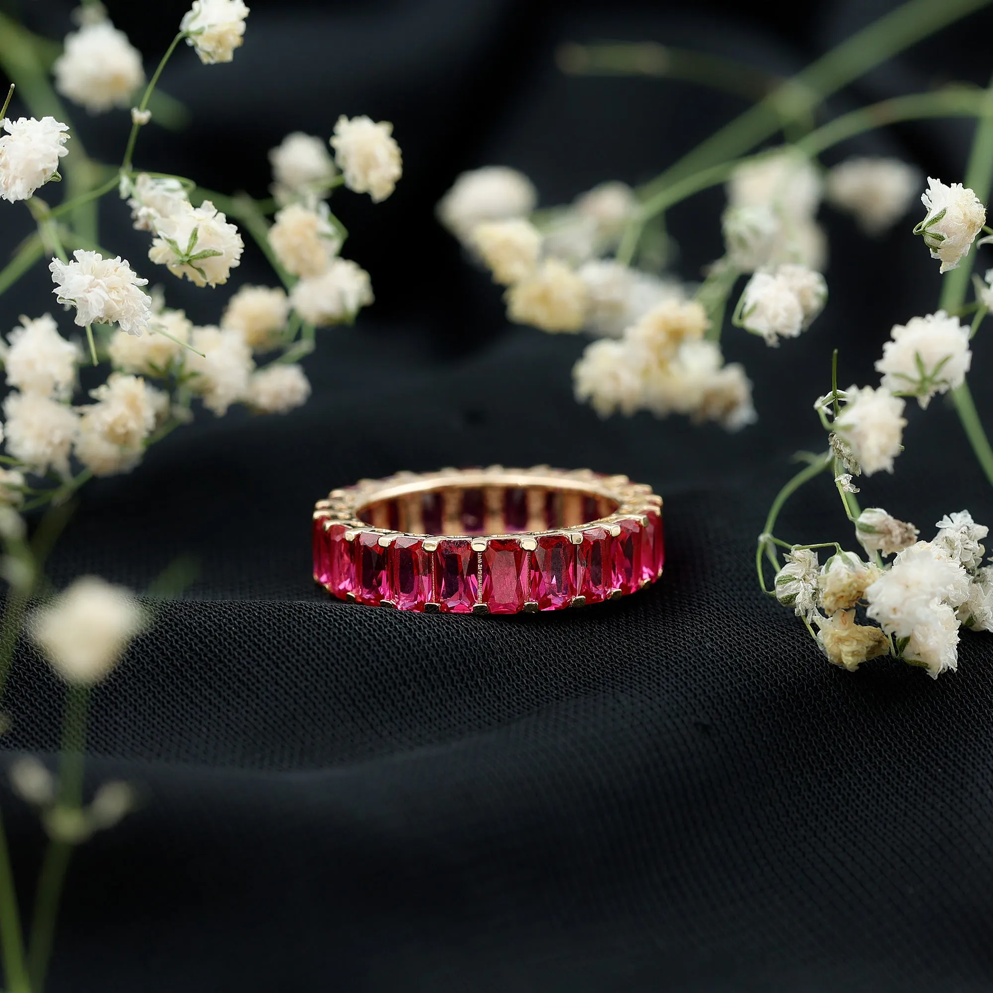 Emerald Cut Lab Grown Ruby Full Eternity Wide Band Ring