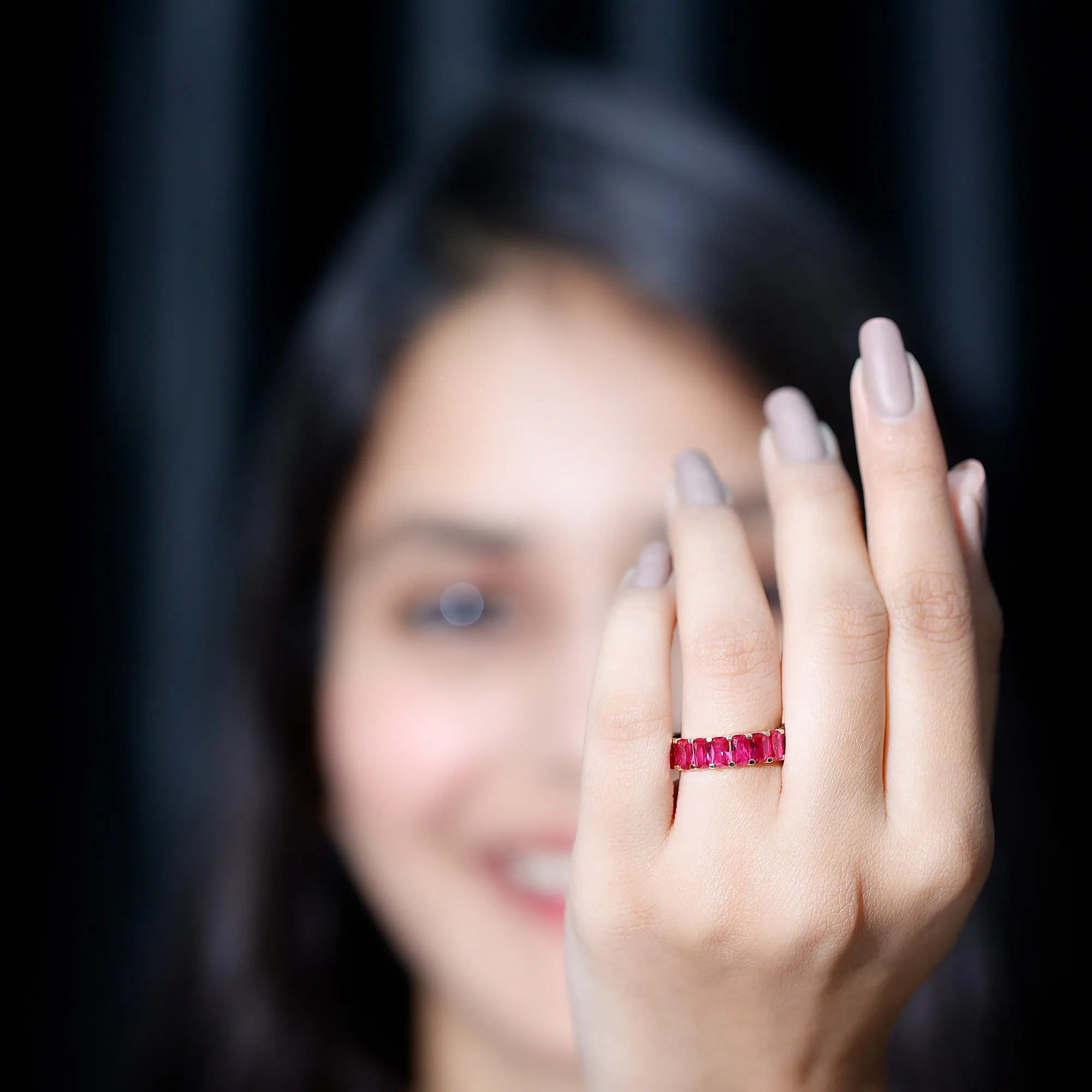 Emerald Cut Lab Grown Ruby Full Eternity Wide Band Ring