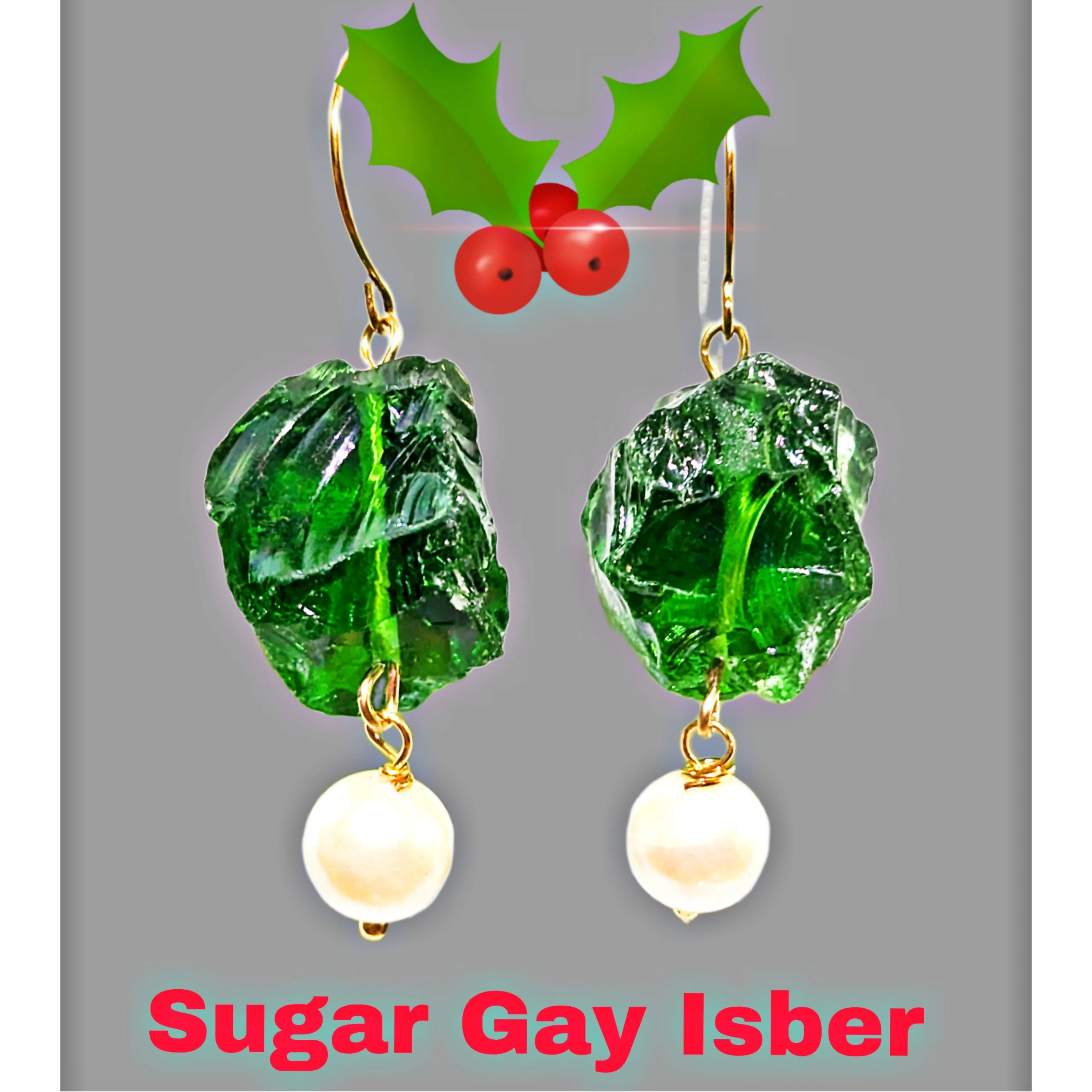 Emerald Green Rough Glass Nuggets with a Vintage Pearl Wiggle Adult Unisex Earrings USA made Gay Isber Free gift bag