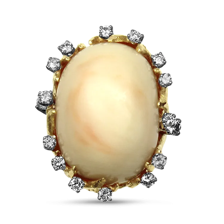 Estate 18K Yellow Gold Coral & Diamond Ring