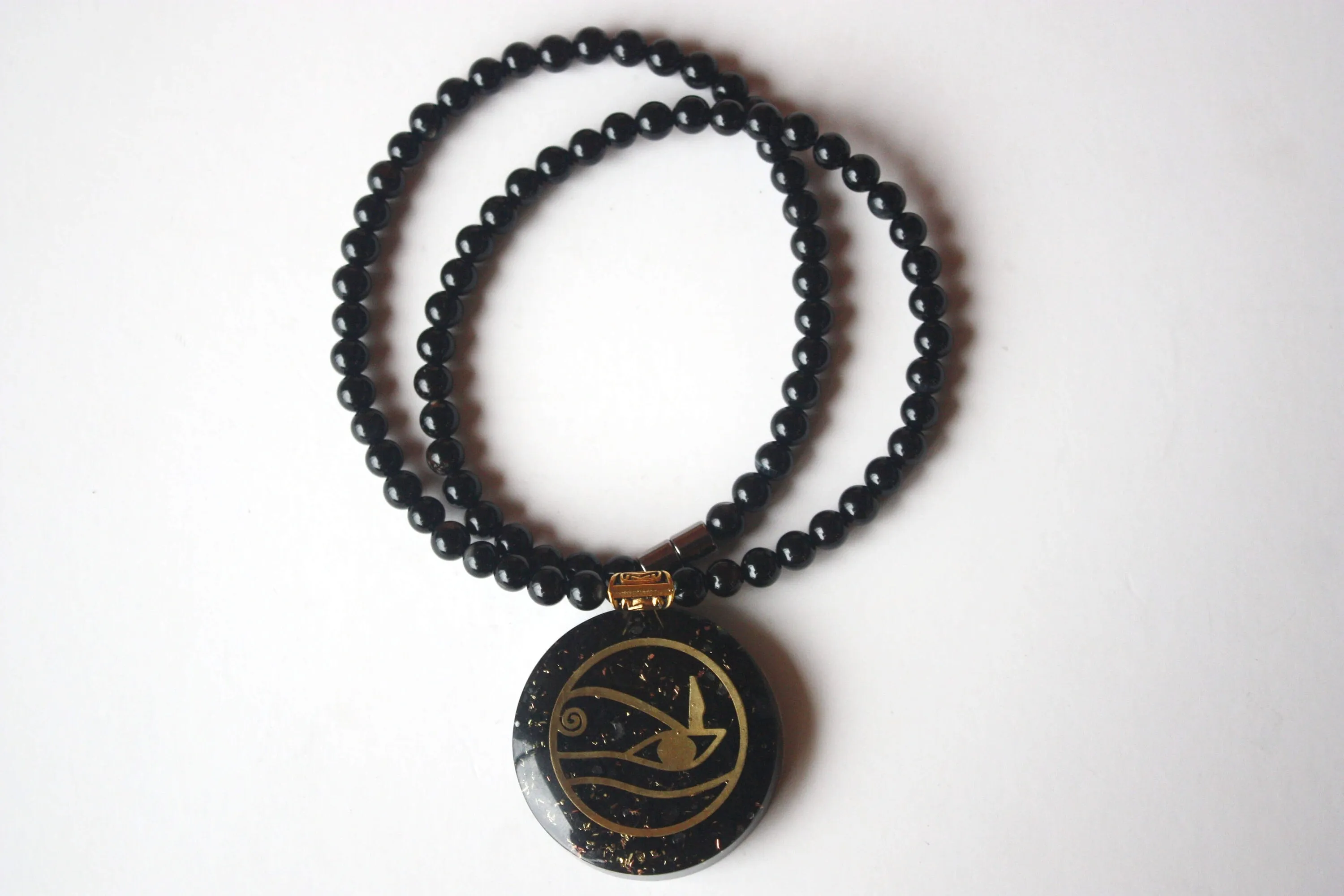 Eye of Horus Pendant Necklace - Egyptian jewelry- Black Onyx Crystal Chain - Orgone Energy - Magnet Clasp