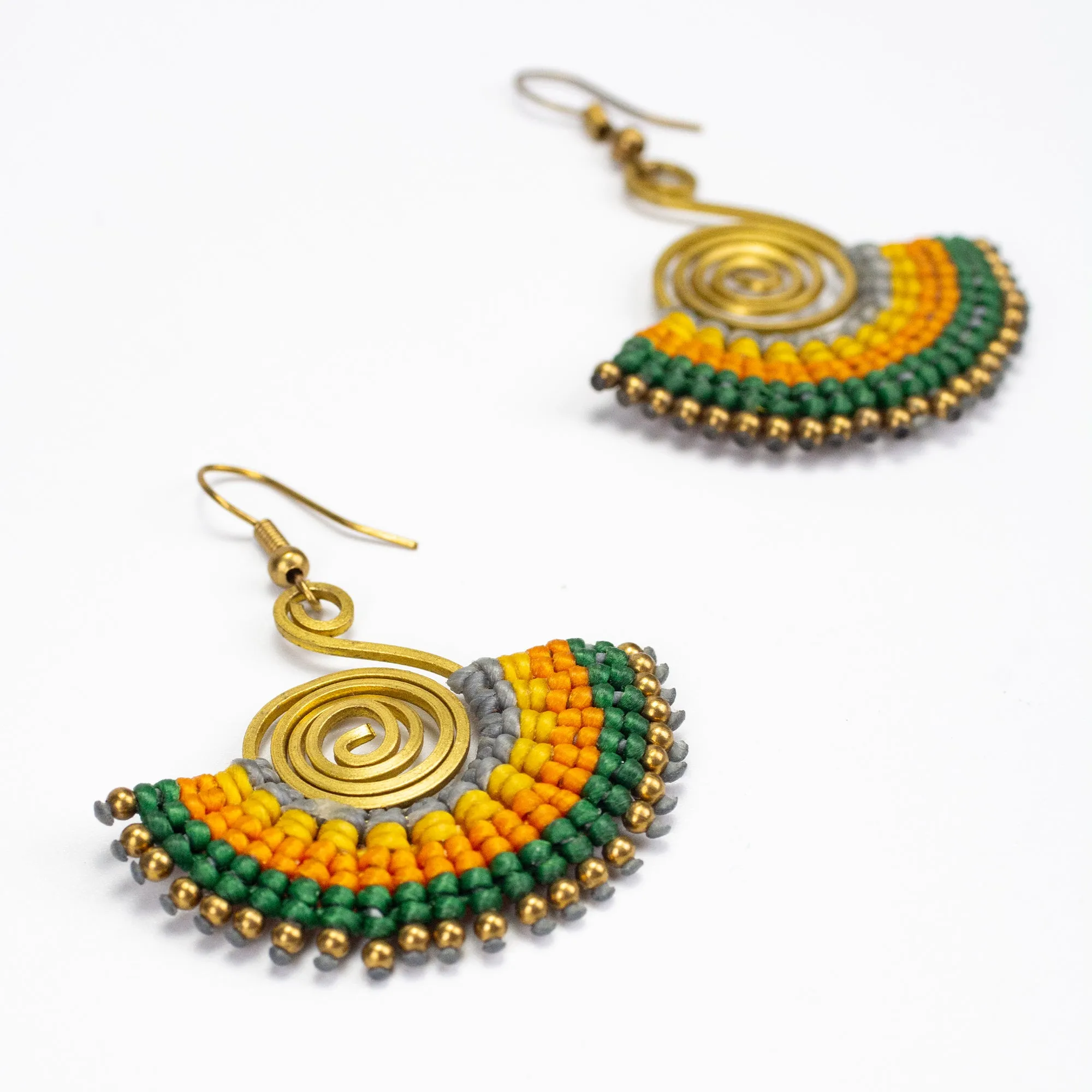 Fan Green Orange Waxed String Spiral Brass Earrings