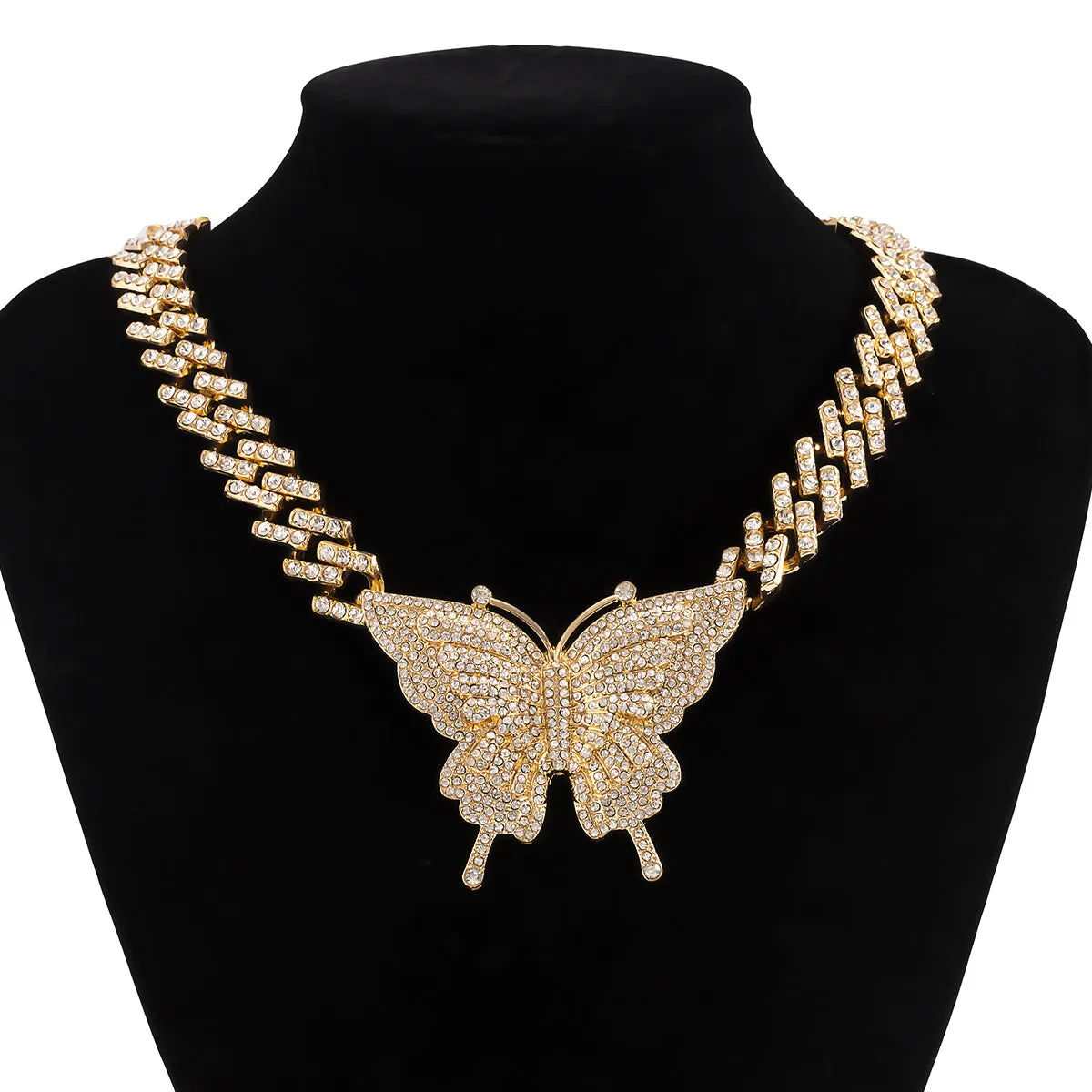 Fashionable Chain Necklace Hip hop Women Big Rhinestone Crystal Butterfly Pendant Necklace Jewelry