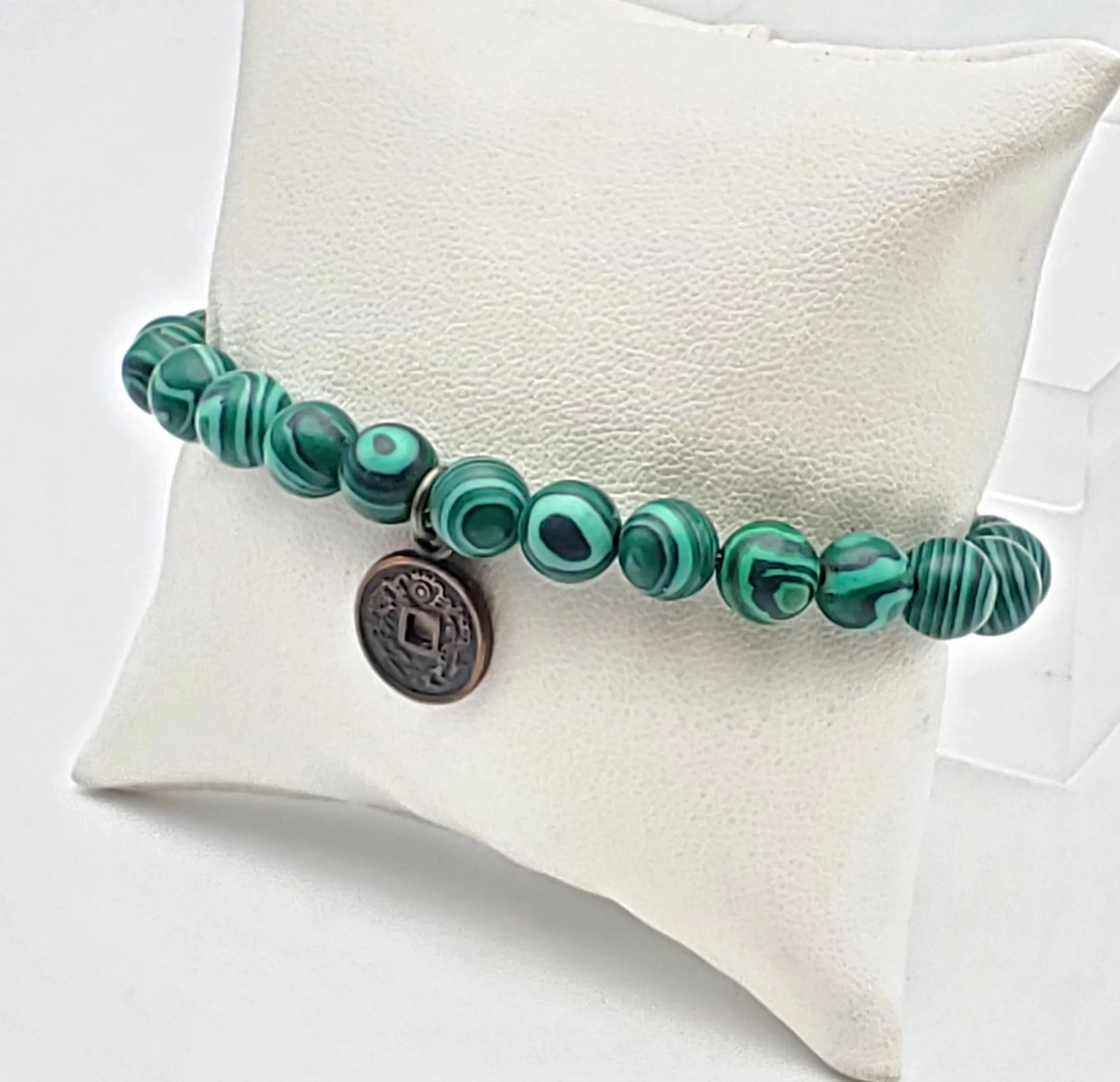 Faux Malachite and Coin Charm Beaded Stretch Bracelet