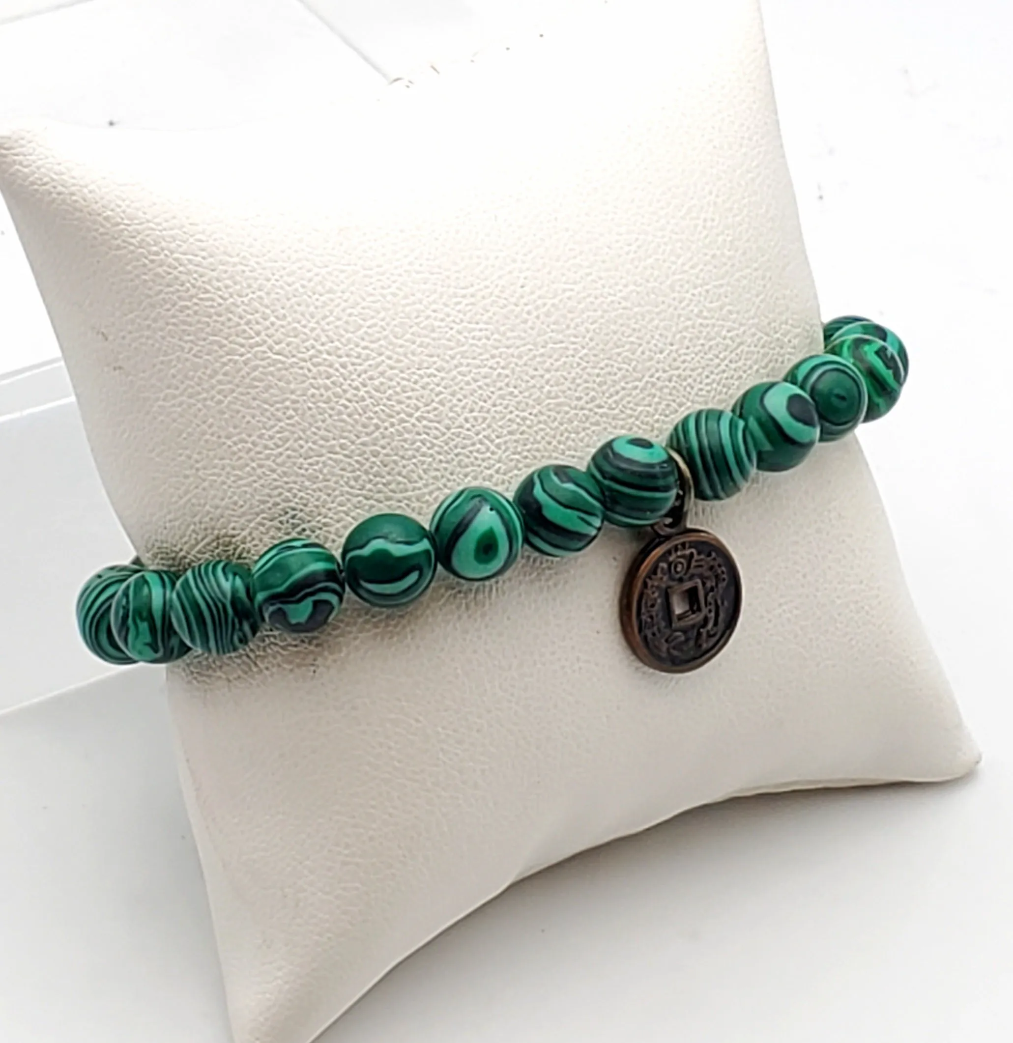 Faux Malachite and Coin Charm Beaded Stretch Bracelet