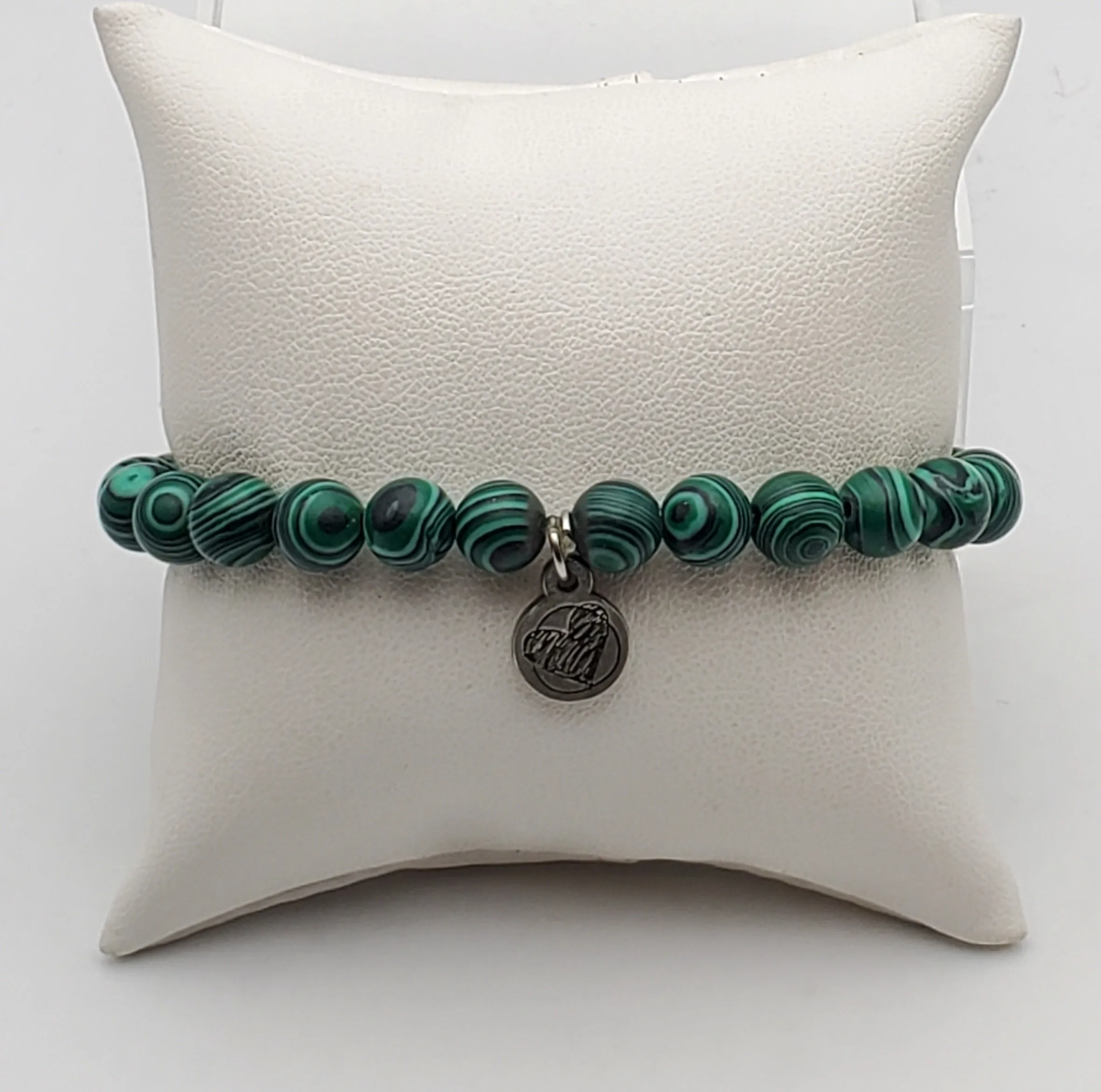 Faux Malachite and Coin Charm Beaded Stretch Bracelet