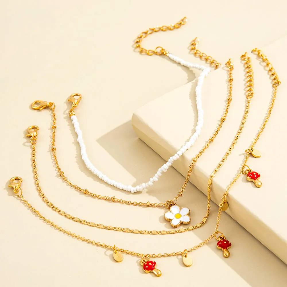 Four-piece Mushroom Pendant White Flower Pendant Anklet