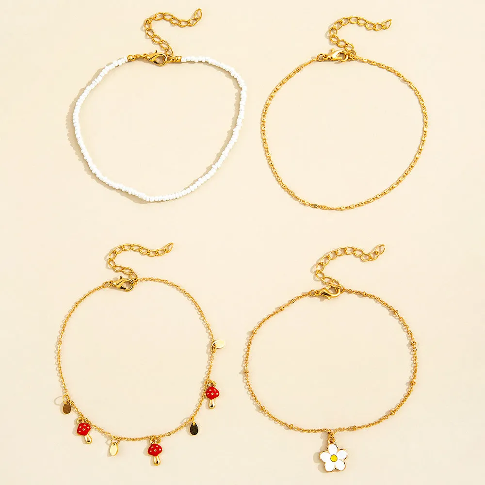 Four-piece Mushroom Pendant White Flower Pendant Anklet