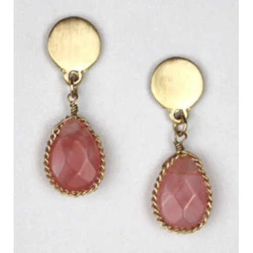 Gold And Pink Quartz Brushed Metal Drop Earrings