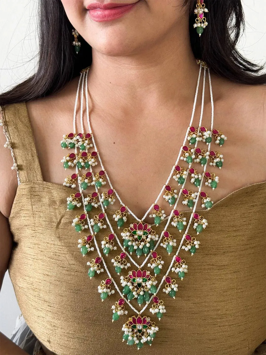 Gold Finish Kundan Polki And Shell Pearl Long Necklace