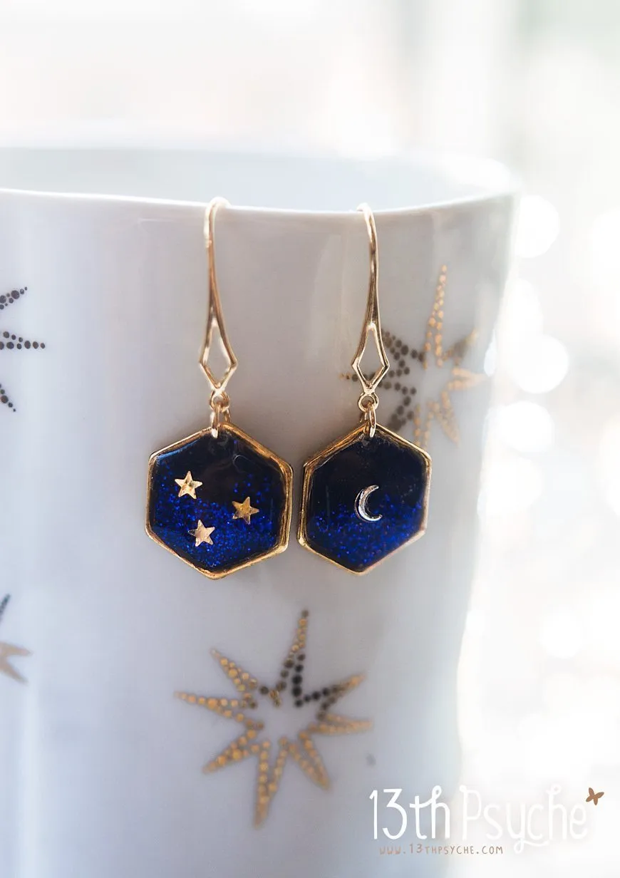 Gold moon and stars hexagon earrings