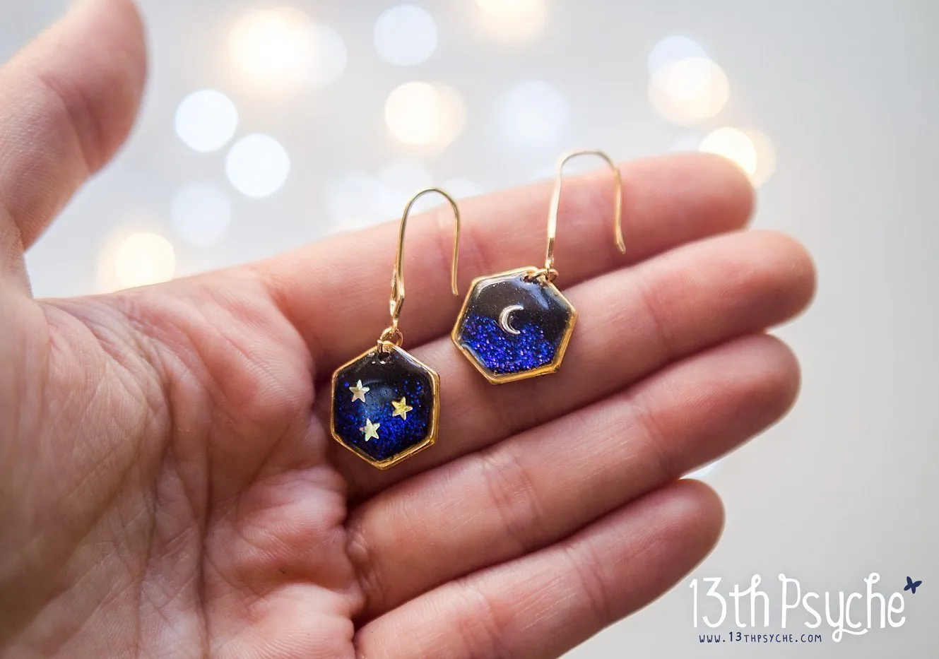 Gold moon and stars hexagon earrings