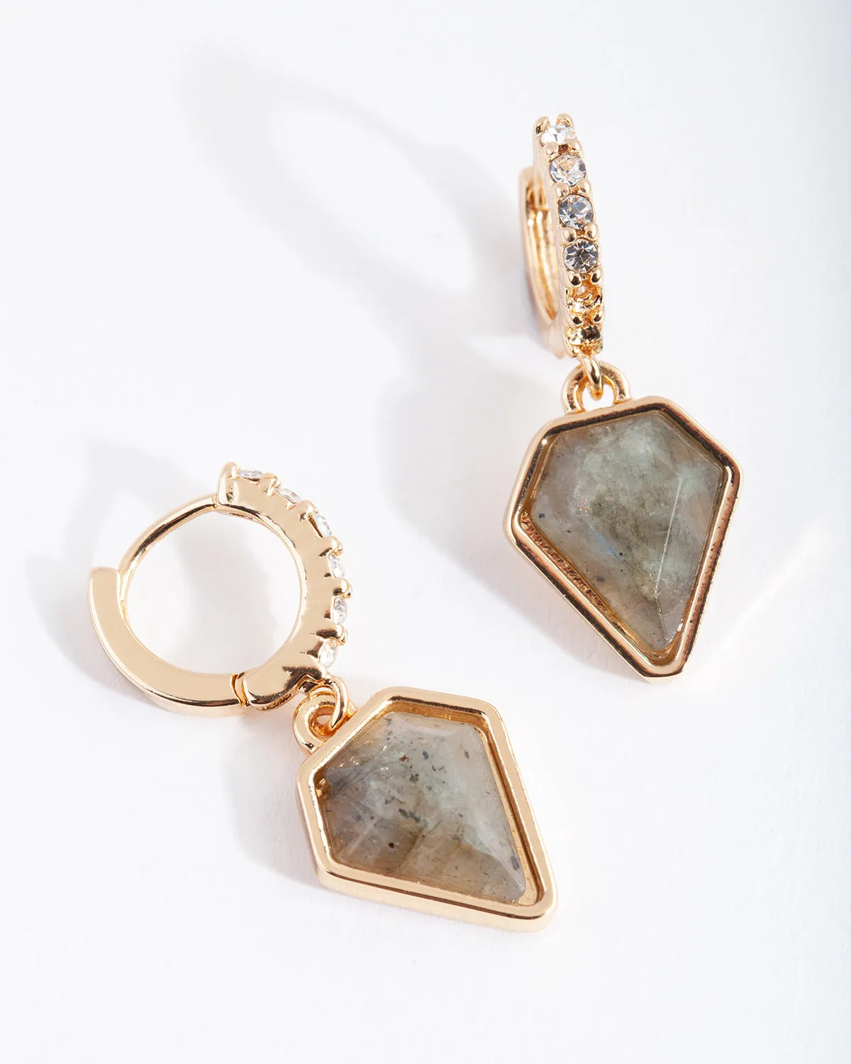 Gold Plated Labradorite Quartz & Diamante Huggie Earrings